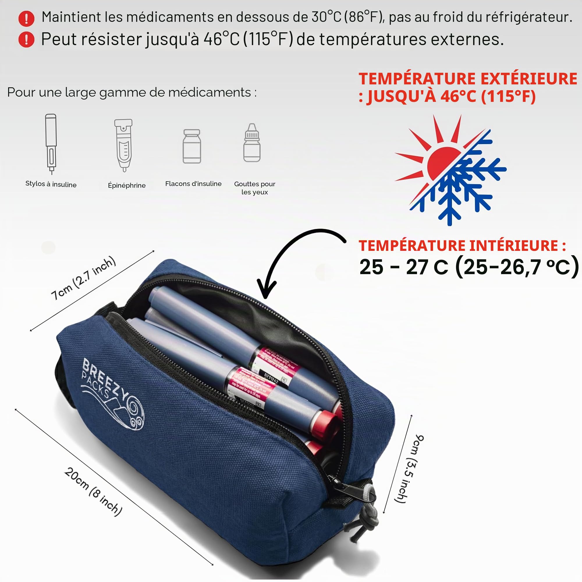 Breezy Extra | BreezyPacks | Étui isotherme de voyage pour stylos à insuline | Étui de transport médical isotherme pour EpiPen | Recharge par elle-même - Pas de mouillage, de gel ou d'électricité |