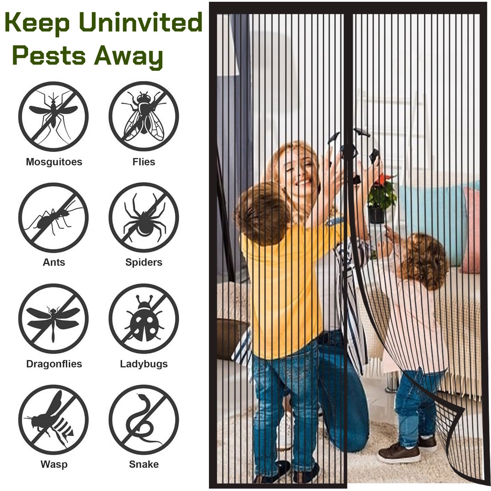 Fliegengitter Balkontür 136 x 208 cm (Anpassbar) Extra Starke Magnete Magnet-Verschluss Insektenschutz Balkontür mit Selbstklebendes Klettband für Terrassentür, Schwarz