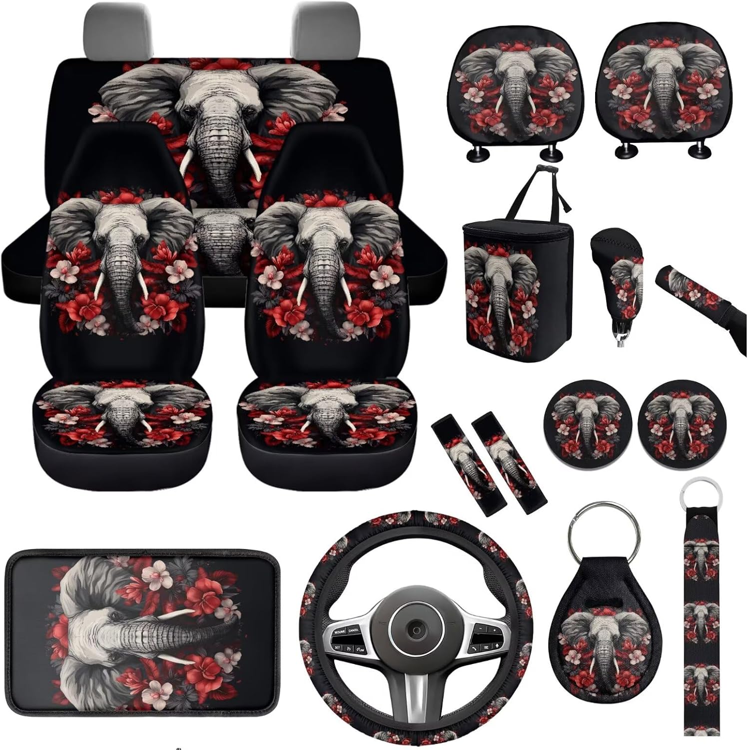 Elephant Flower Car Seat Covers Full Set 17 Pcs Hippie Elephant Auto Front Seats and Rear Bench Polyester Car Seat Protectors Set with Universal Headrest Covers,Keychains Armrest Pad,Coaster