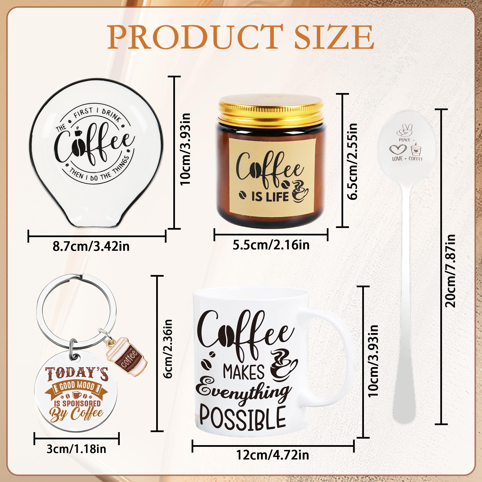 Coffe Gifts for Women, 6 Pcs Coffee Gift Basket, Includes Mug, Candle, Ceramic Coaster, Spoon, Keychain & Sock, Christmas Mother's Day Birthday Present for Coffee Lover