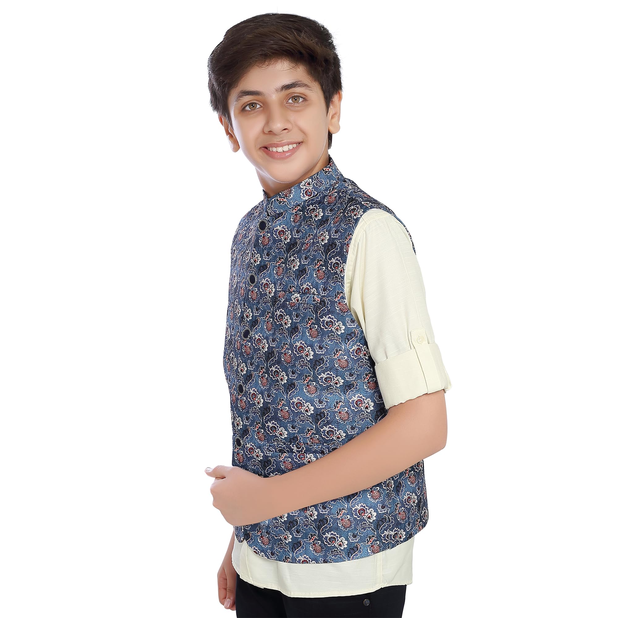 CHARCHIT Boys Blue Printed Nehru Jacket and Shirt