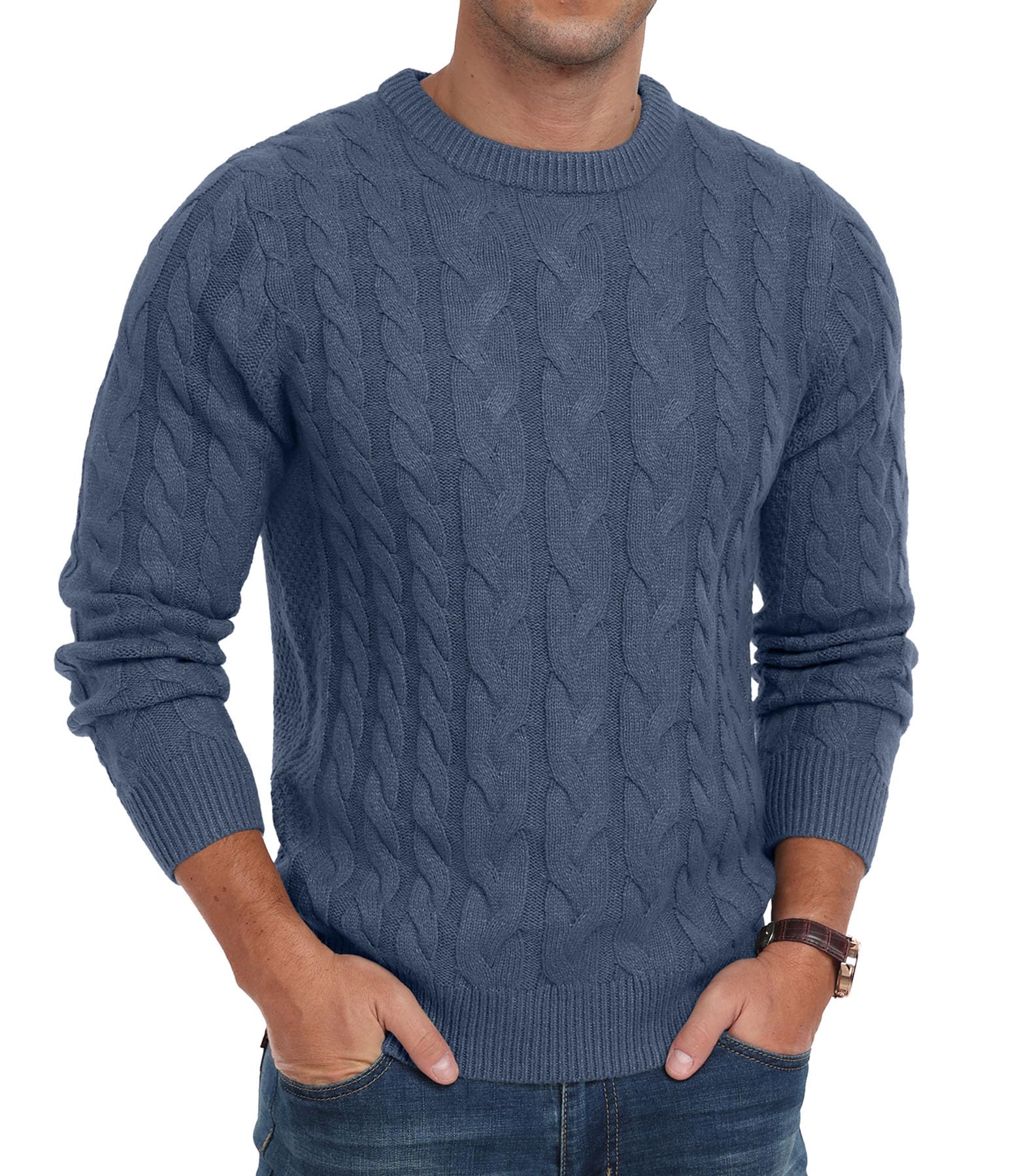QIXING Men's Cable Knit Jumper Crew Neck Casual Long Sleeve Chunky Knit Sweater with Ribbing Edge