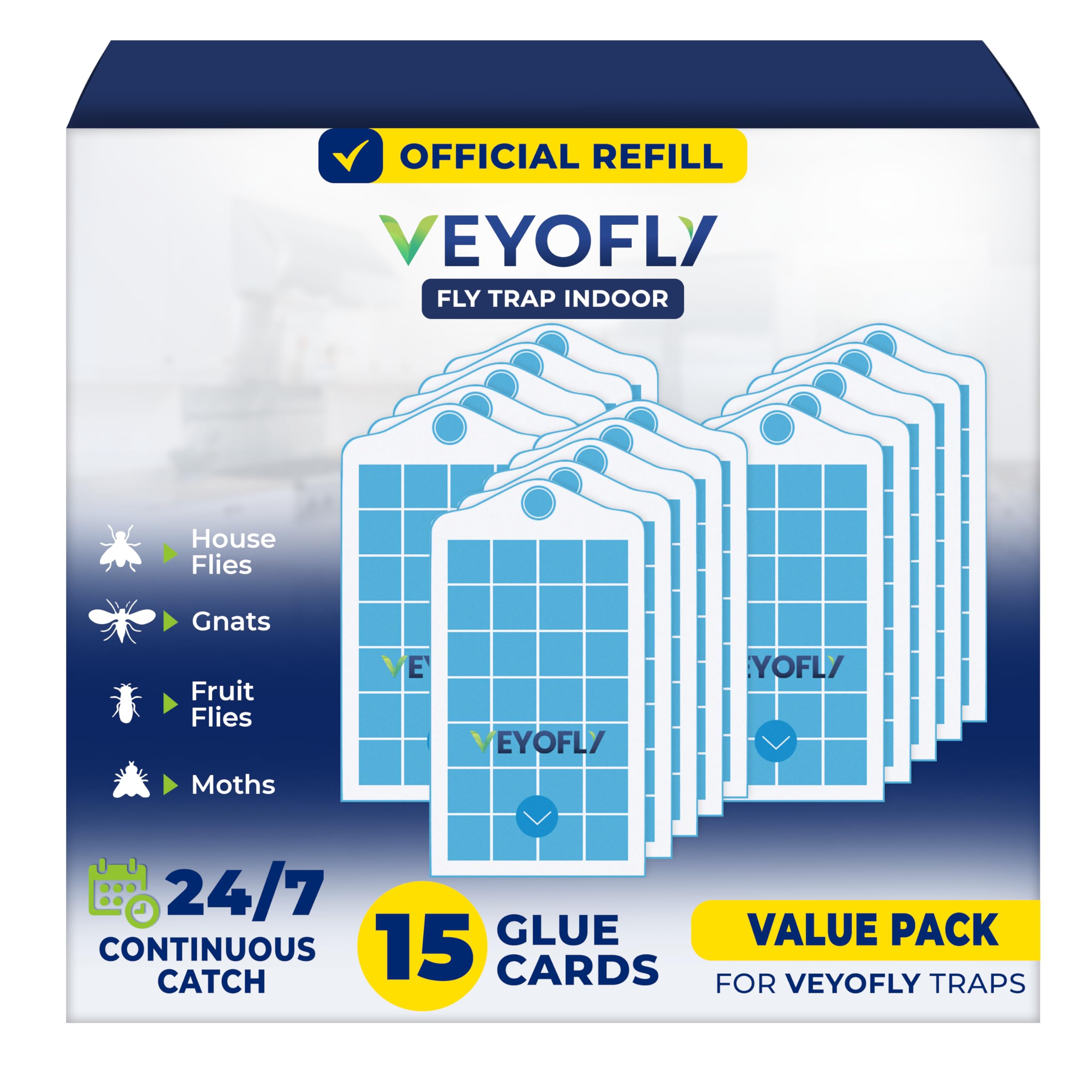 VEYOFLY Fruit Fly Traps for Indoors Refill, Gnat Traps For House Indoor, Fly Catcher Indoor, Fly Traps Indoors, Fly Trap, Plug in Catch for Fruit Flies, Moths, Gnats, Mosquito(Pack of 15 Refills)