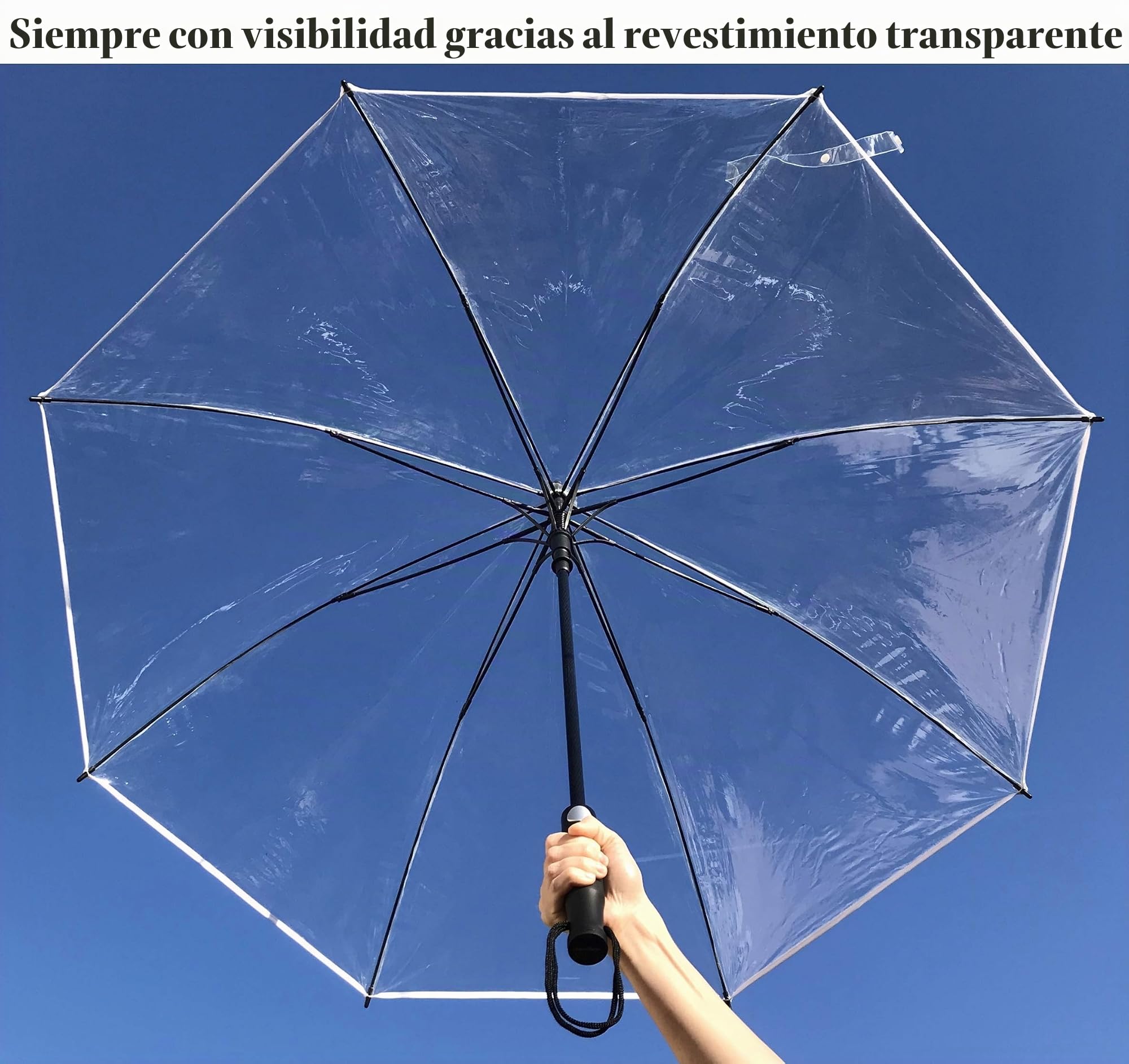 Paraguas Transparente XXL Ø130 cm – Botón Apertura Automática – Funda – Paraguas Grande para Bodas – Paraguas Grande – Borde Blanco