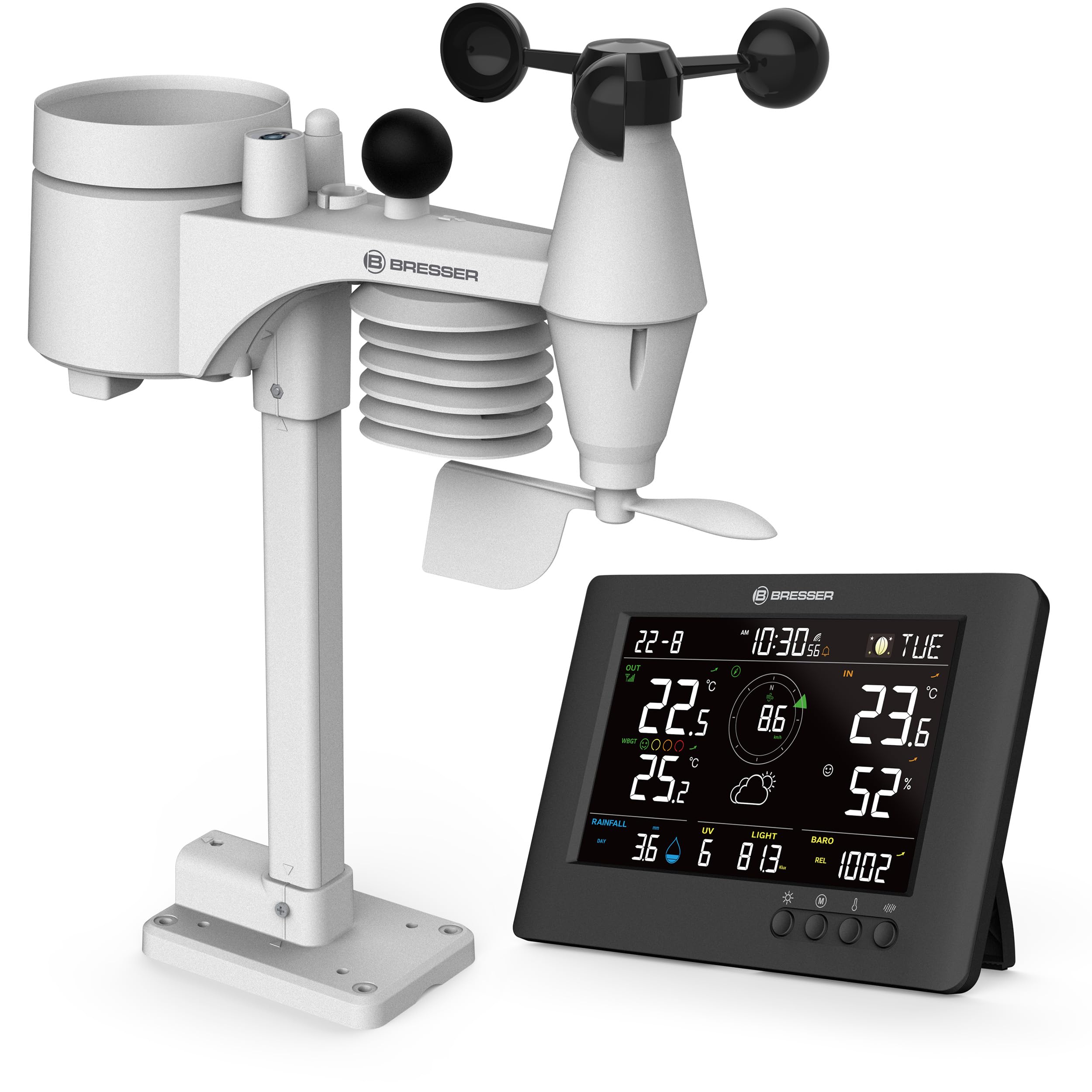 Bresser 8-in-1 ClearViewTB Wetterstation mit Hitzestress-Index, Sensirion-Sensor, 8-in-1-Multisensor, Wetterwarnungen, Max-/Min-Wertespeicher | Innentemperatur und Außentemperatur, Luftfeuchtigkeit, Regenmesser, Windmesser, Wettervorhersage, WBGT, Hitzein