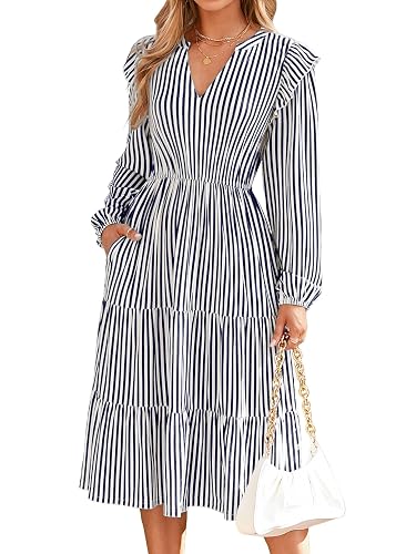 Glamaker Womens Long Sleeve Midi Dress Casual Flutter V Neck