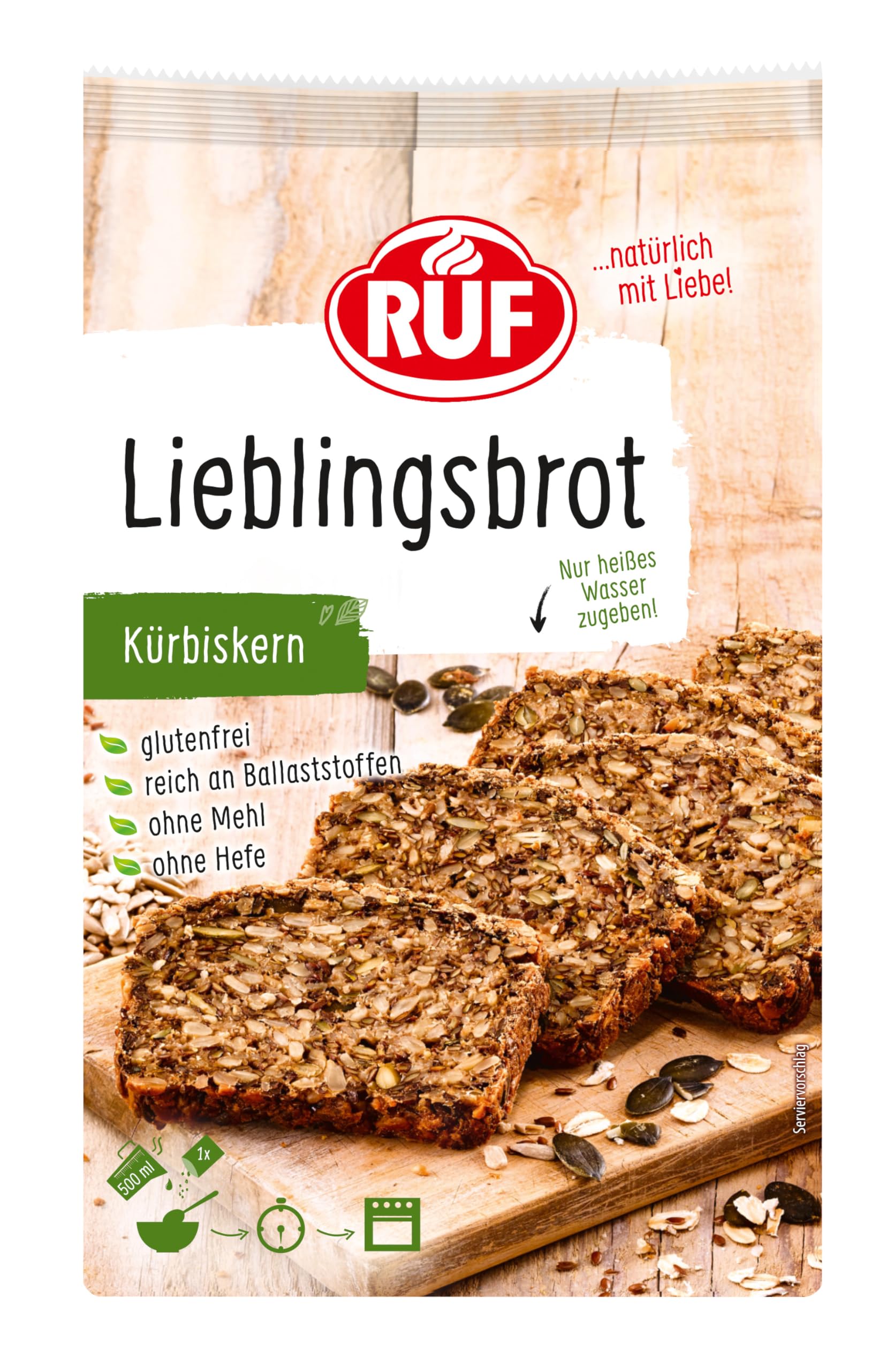 RUF Lieblingsbrot Kürbiskern Glutenfrei, Brot-Backmischung ohne Mehl und Hefe, Brotmischung mit Kürbiskernen, Leinsamen und Sonnenblumenkernen, 1 x 600g