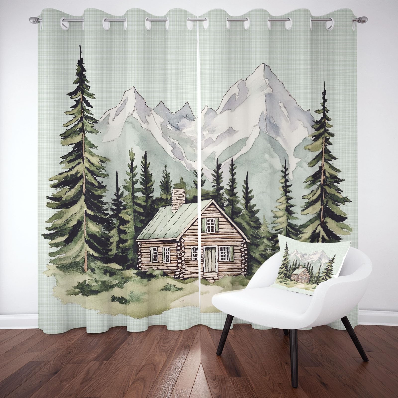 Verdunkelungsvorhänge im rustikalen Hüttenstil, 90 x 180 cm (B x H), Kiefern- und Berglandschaftsmotiv, für Schlaf- und Wohnzimmer, Vorhänge Blickdicht Gardinen mit Ösen, 2er Set