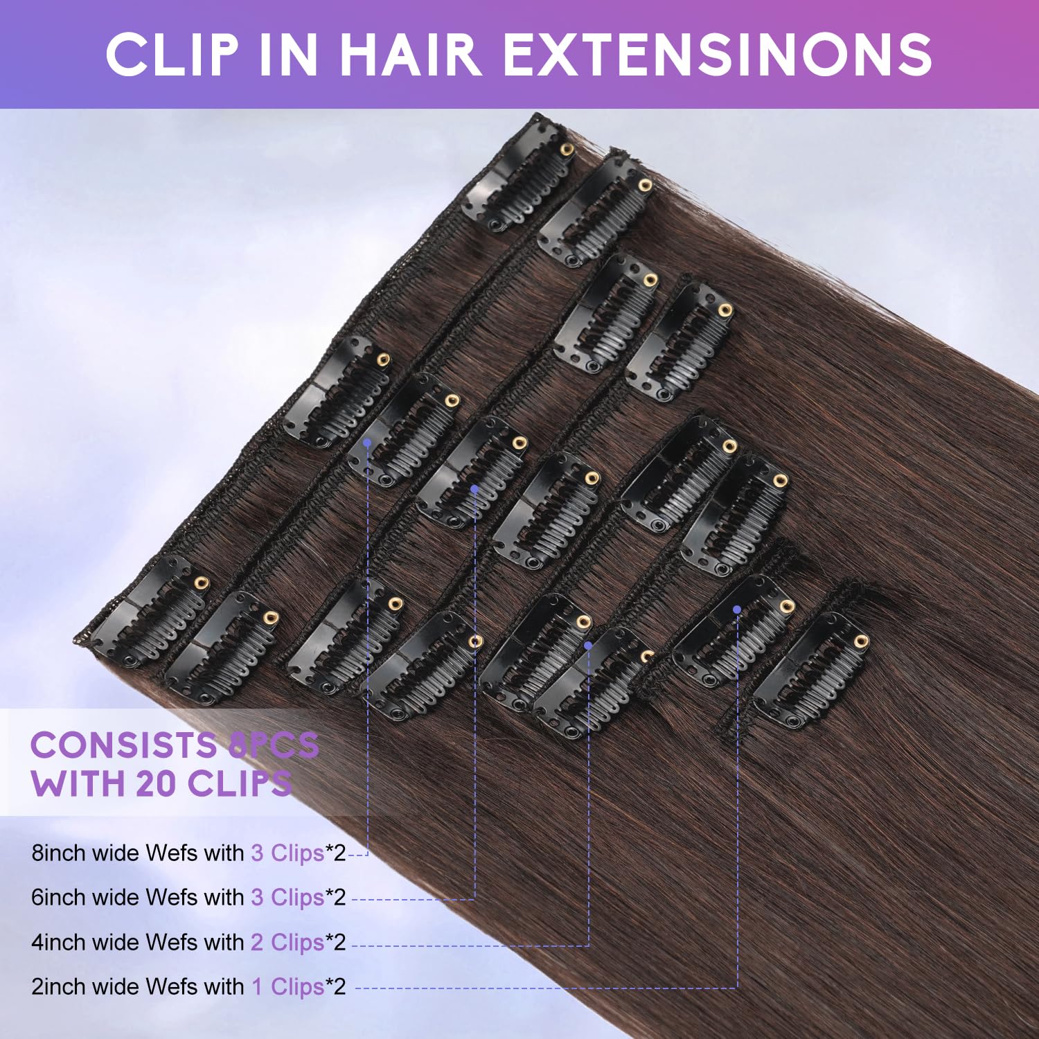 Dark Brown Clip in Hair Extensions Real Human Hair Invisible Seamless Remy Human Hair Clip in Extensions for Women 18 Inch 100g, 8pcs Per Set with Double Weft