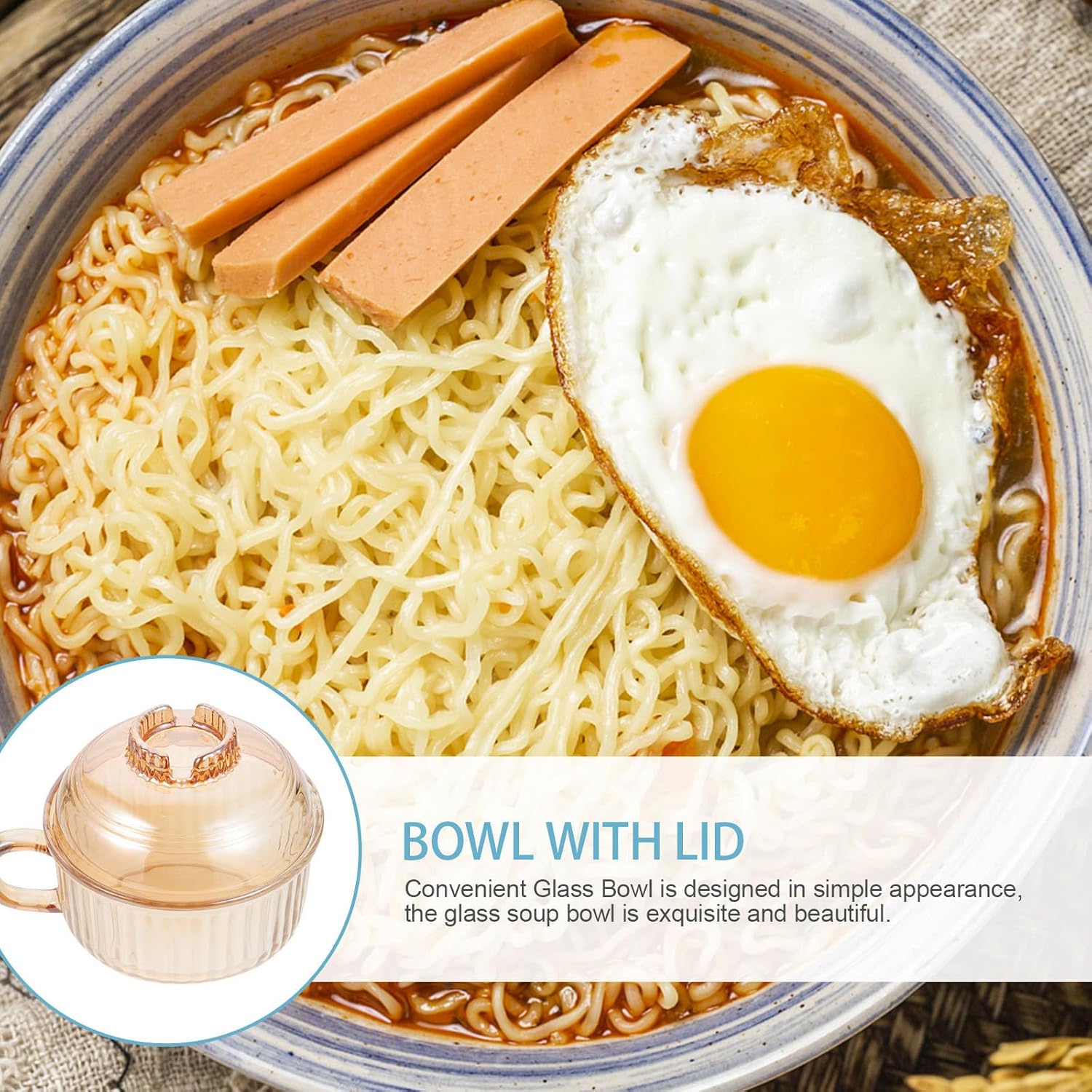 Glass Soup Bowl with Handle and Lid, Amber Glass Stew Bowl Microwave Safe for Ramen Noodles, Kitchen Dining Soup Mug for Home and Office Use