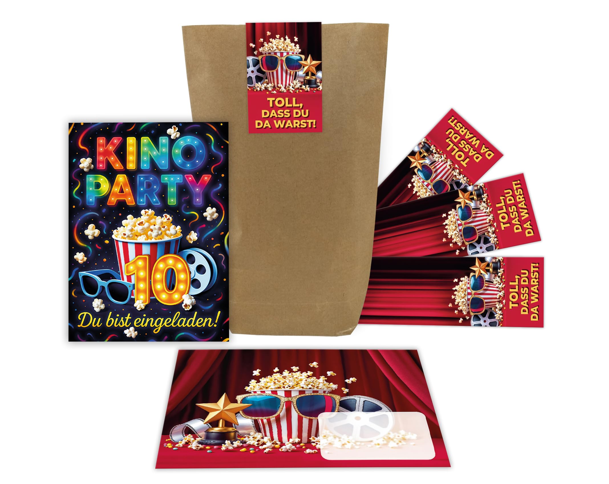 Junaversum 12 Einladungskarten zum 10. Kindergeburtstag Kino Party Mädchen Jungen bunt coole bunte Einladungen zehnte Geburtstag Geburtstagseinladungen Kids inkl. 12 Umschläge, 12 Tüten, 12 Aufkleber