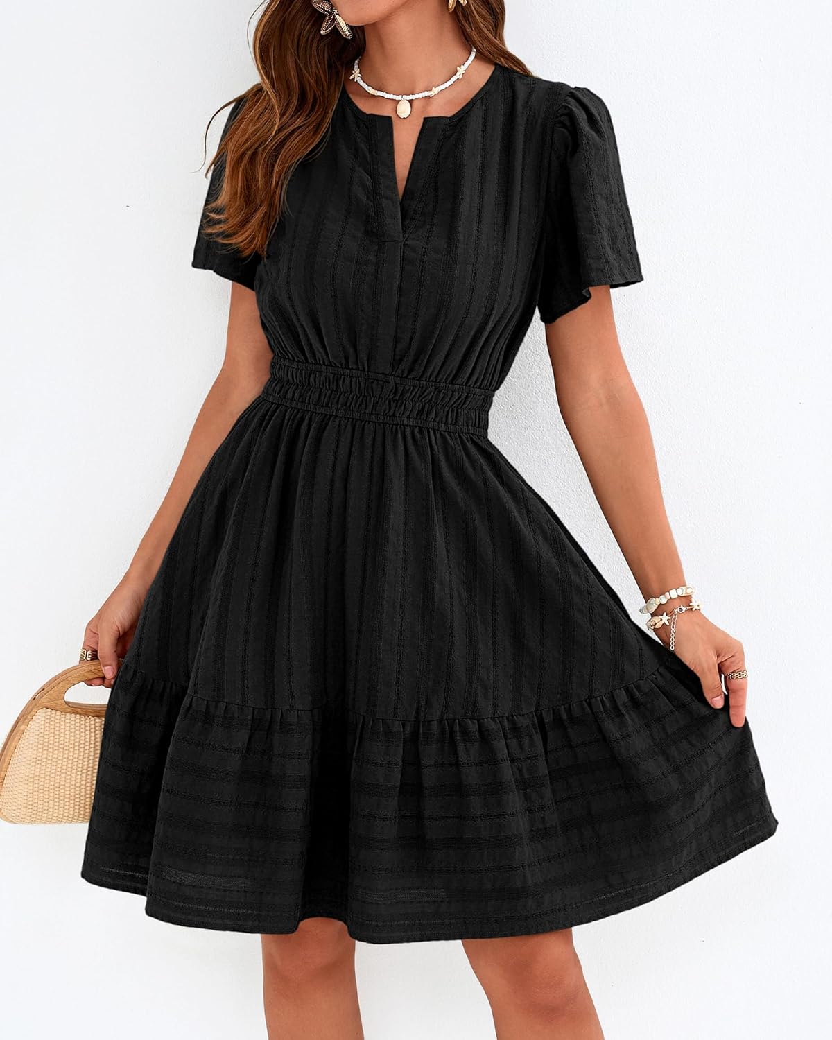 BTFBM Womens Spring 2026 Casual Mini Dresses Lightweight Short Sleeve V Neck Elastic Waist Cute Boho Beach Dress Pockets - Image 2