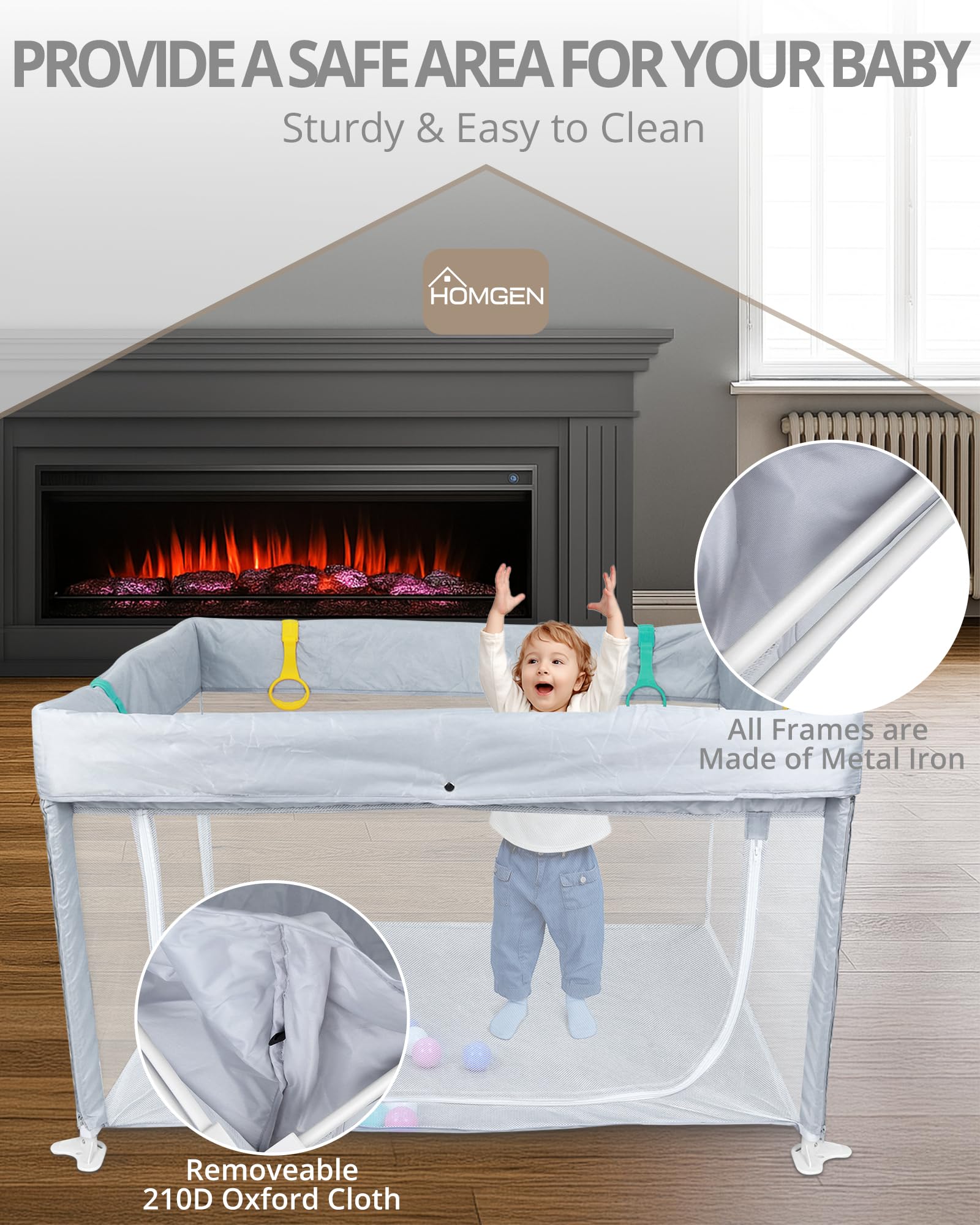 HOMGEN Parco Pieghevole per Bambini 120x120cm con Tessuto Oxford Lavabile Recinto per Neonati Pieghevole con Pallini e Maniglie, Box Bambini Montaggio Zero Porta con Zip Esterno - Grigio