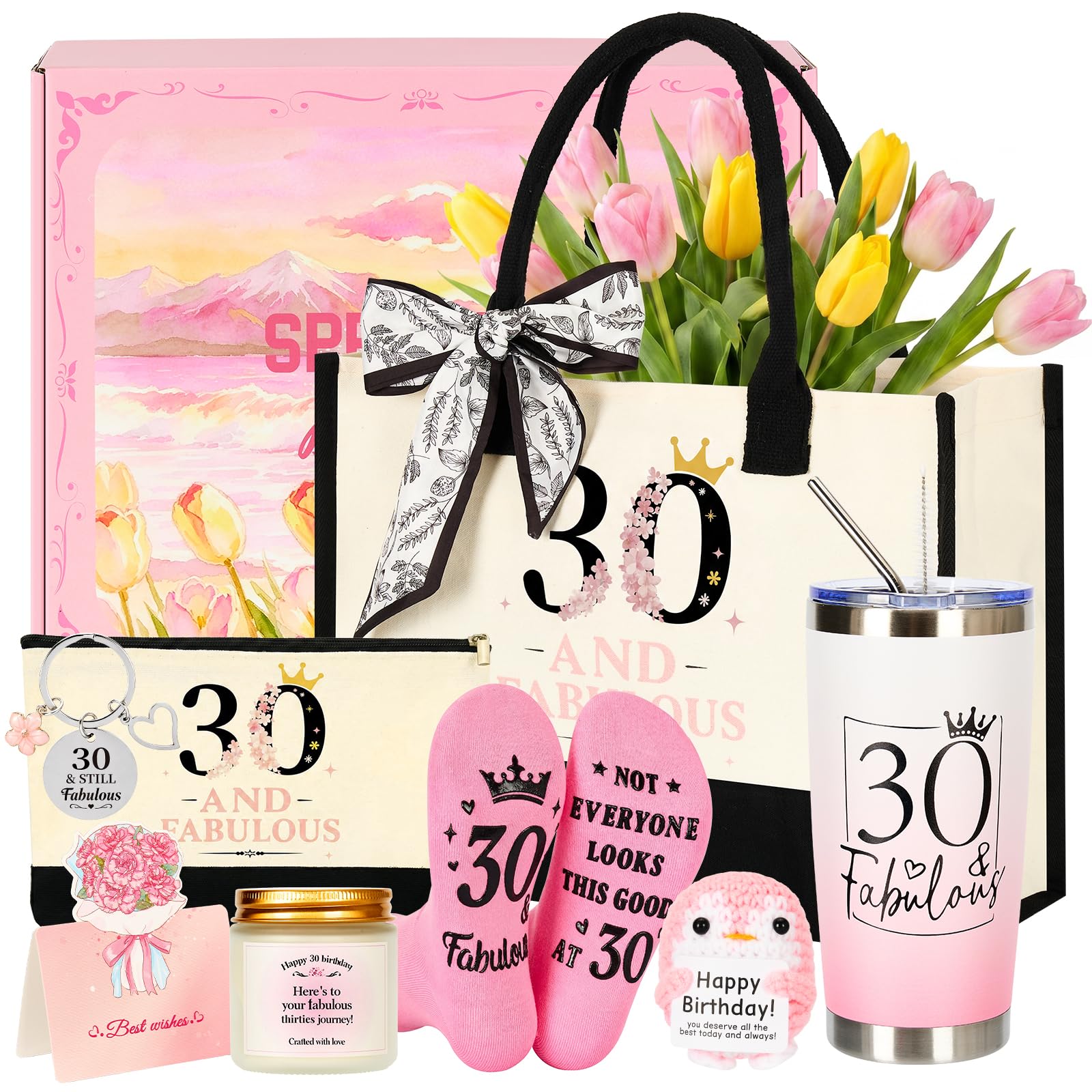 Chovbe 30th Birthday Gifts for Women, Unique Self Care Gift Basket for Her, Funny & Meaningful Turning 30 Gifts for Friend Sister Mum Wife, Tumbler Tote Bag & Spa Set
