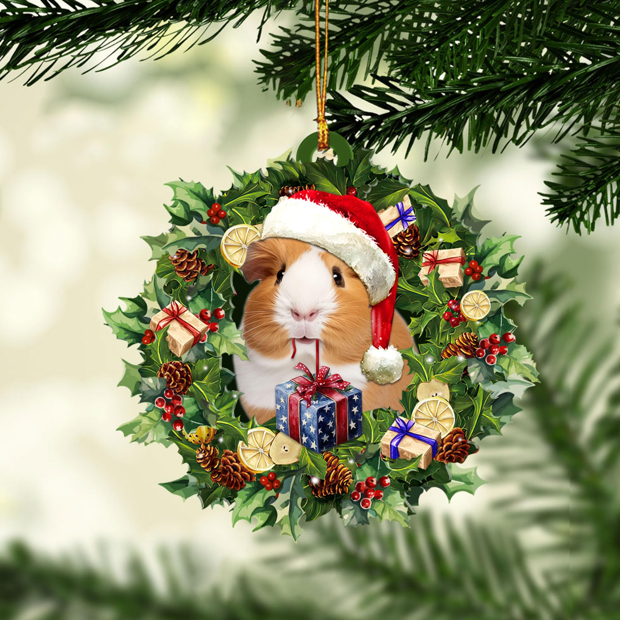 Talataca Guinea Pig Wearing Christmas Hat Wreath The Domestic Cavy 2D Flat  Car Rear View Mirror Accessories Christmas Tree Ornament Decoration Hanging