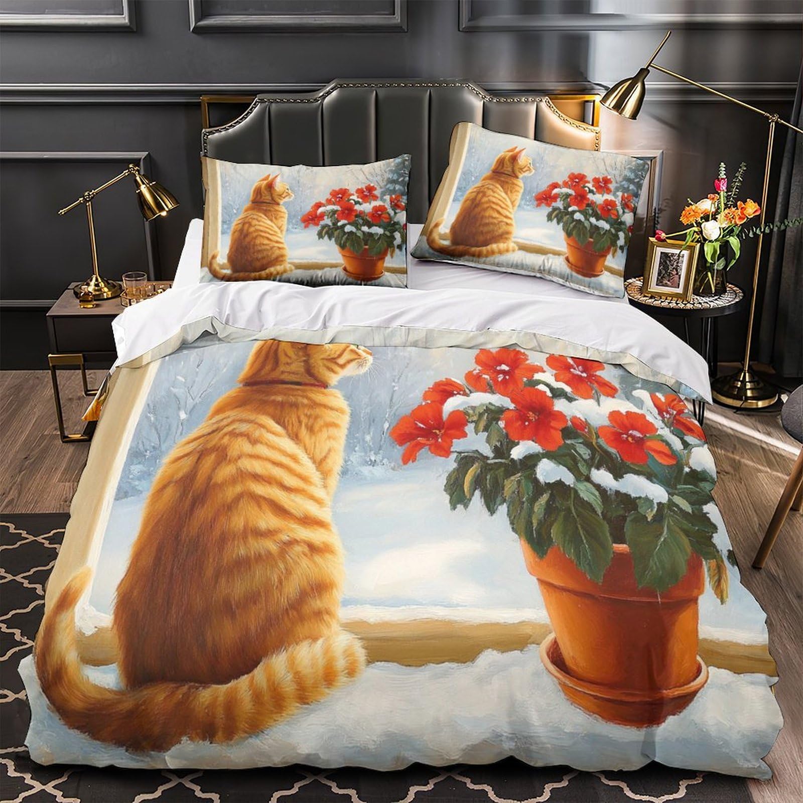 Housse de Couette Microfibre Anti-Décoloration Parure de Lit Chat 3D Respirante Drap Lit Double