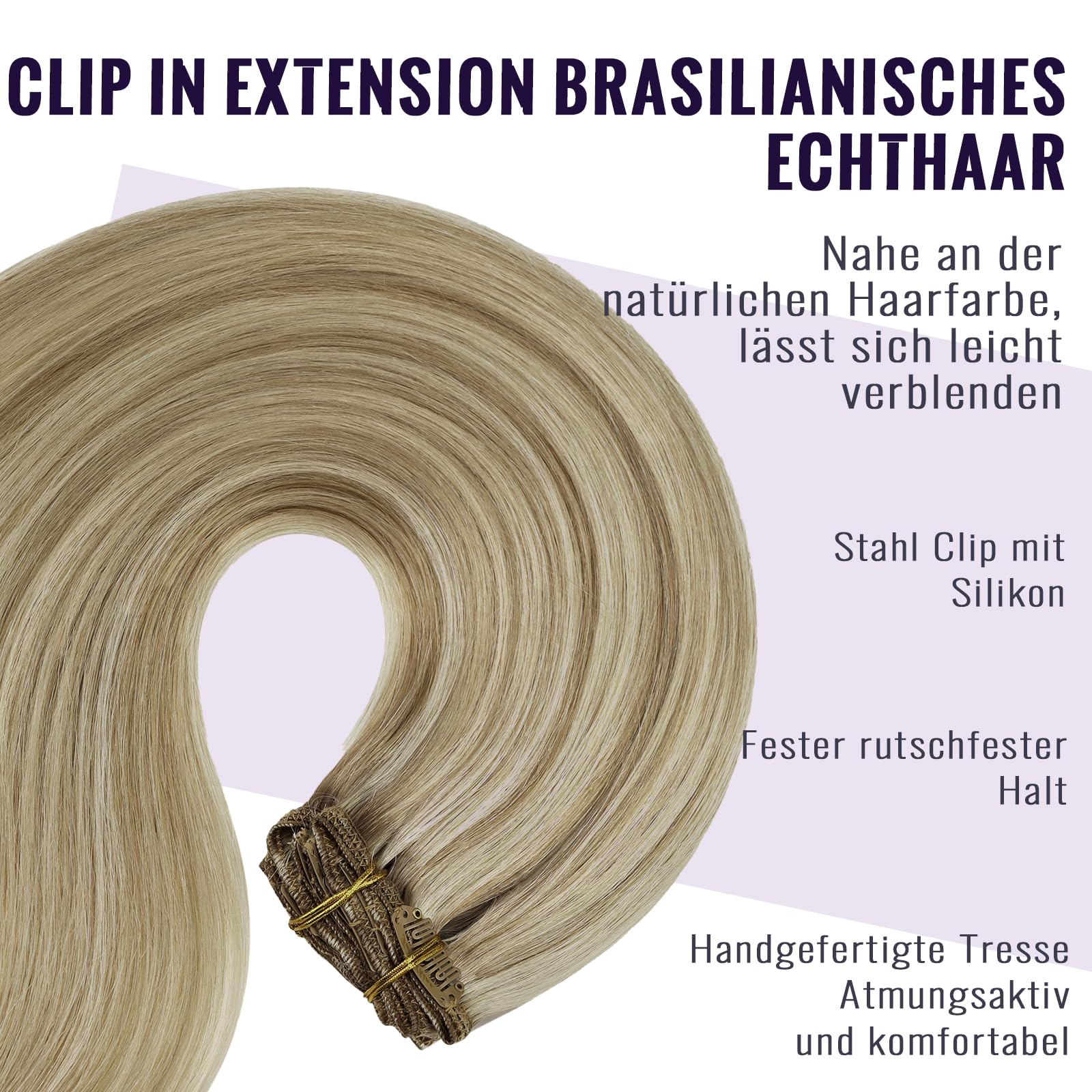 Fshine Unsichtbar Clip in Extensions Echthaar 45 cm, 7 Stücke 120 g, Aschblond mit goldblonden Strähnen, Hair Extensions Clip in, Farbe 16P22 - 4
