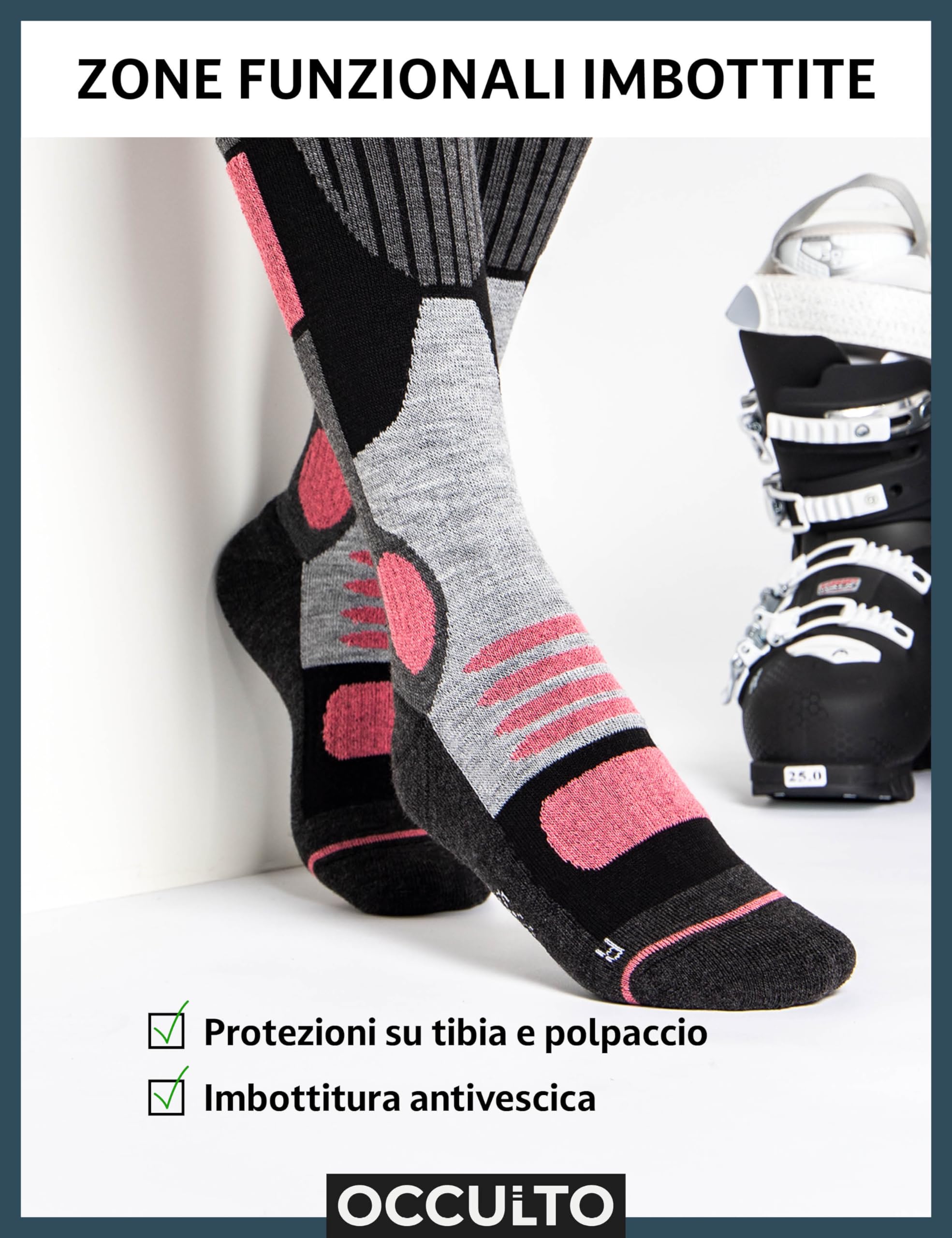 Occulto 2 paia di CALZE SCI per DONNA, Calde CALZE TERMICHE per SPORT INVERNALI, CALZE SPORTIVI TERMICI per DONNA