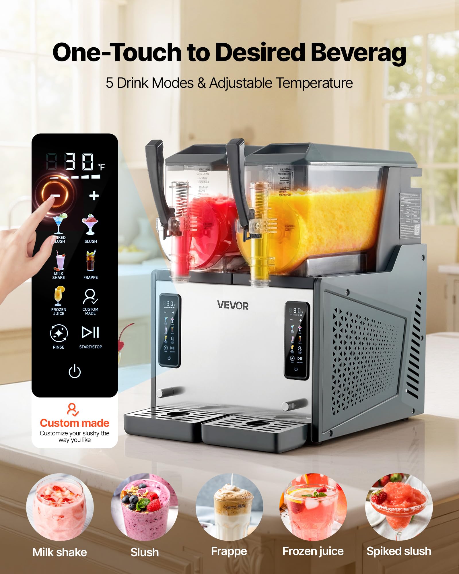 VEVOR Machine à Granité 2x4 L, Machine à Boissons Glacées Autonettoyante, pour Granitas Margarita Milk-shake Restaurant Café Bar Maison, Distributeur de Boissons Frappées avec 5 Programmes Prédéfinis