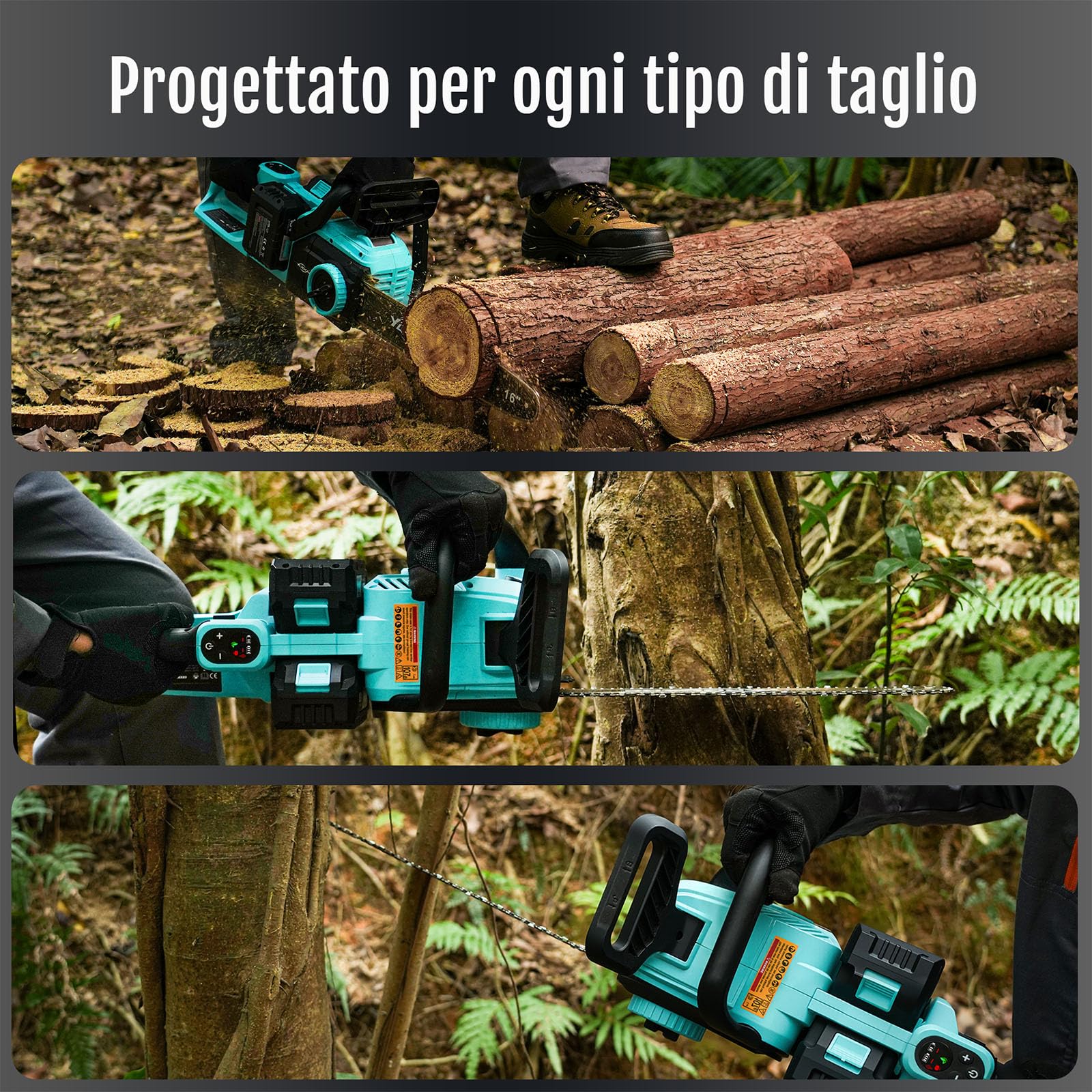 YARDCARE Motosega a batteria 16 pollici, motore brushless da 1600 W, velocità della catena 21 m/s, con display LED e 2× batterie da 4 Ah, tensionamento senza attrezzi e lubrificazione automatica
