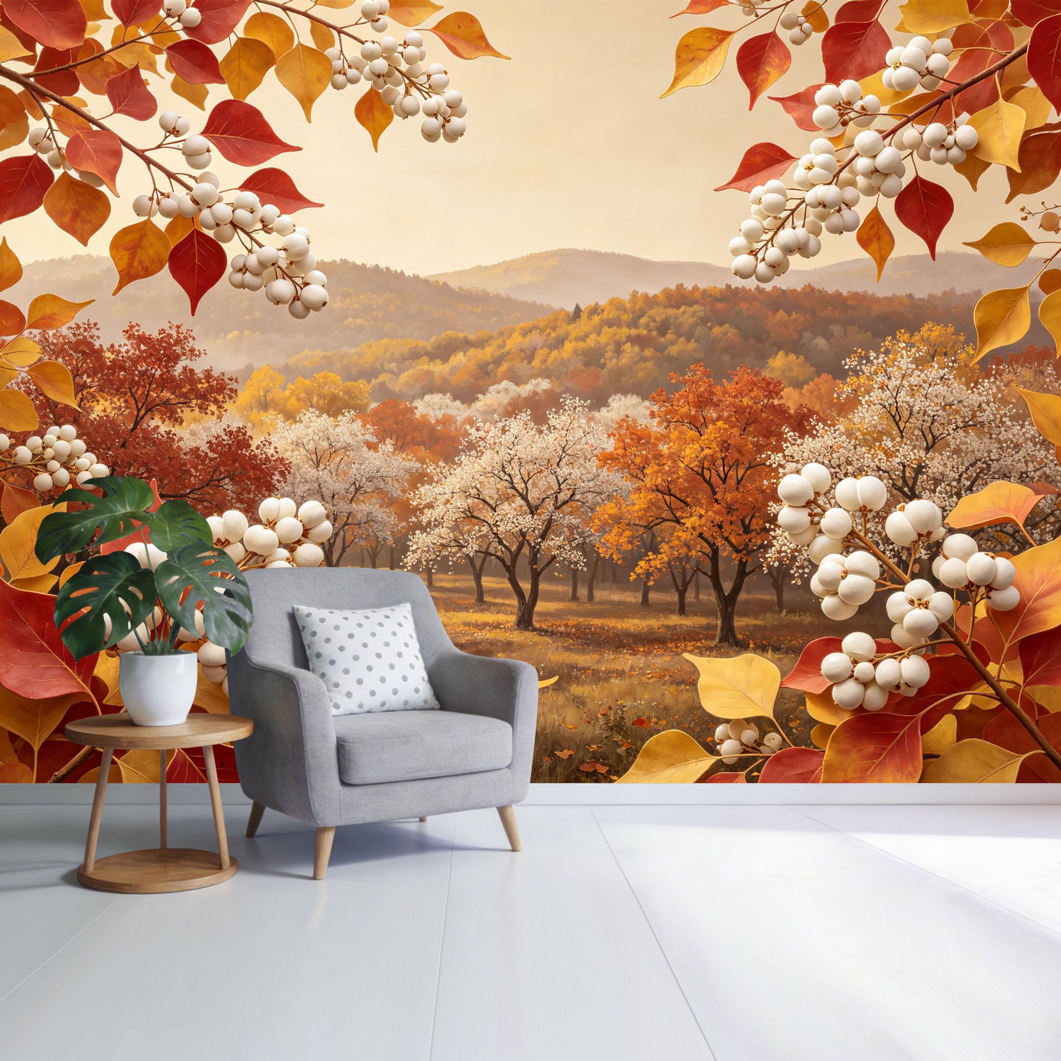 Custom Size Wall Mural Autumn Forest Landscape Fall Foliage White Berry Branches Mountain View Watercolor Style SelfAdhesive Wall Fabric Removable Wallpaper for Home Office Decor