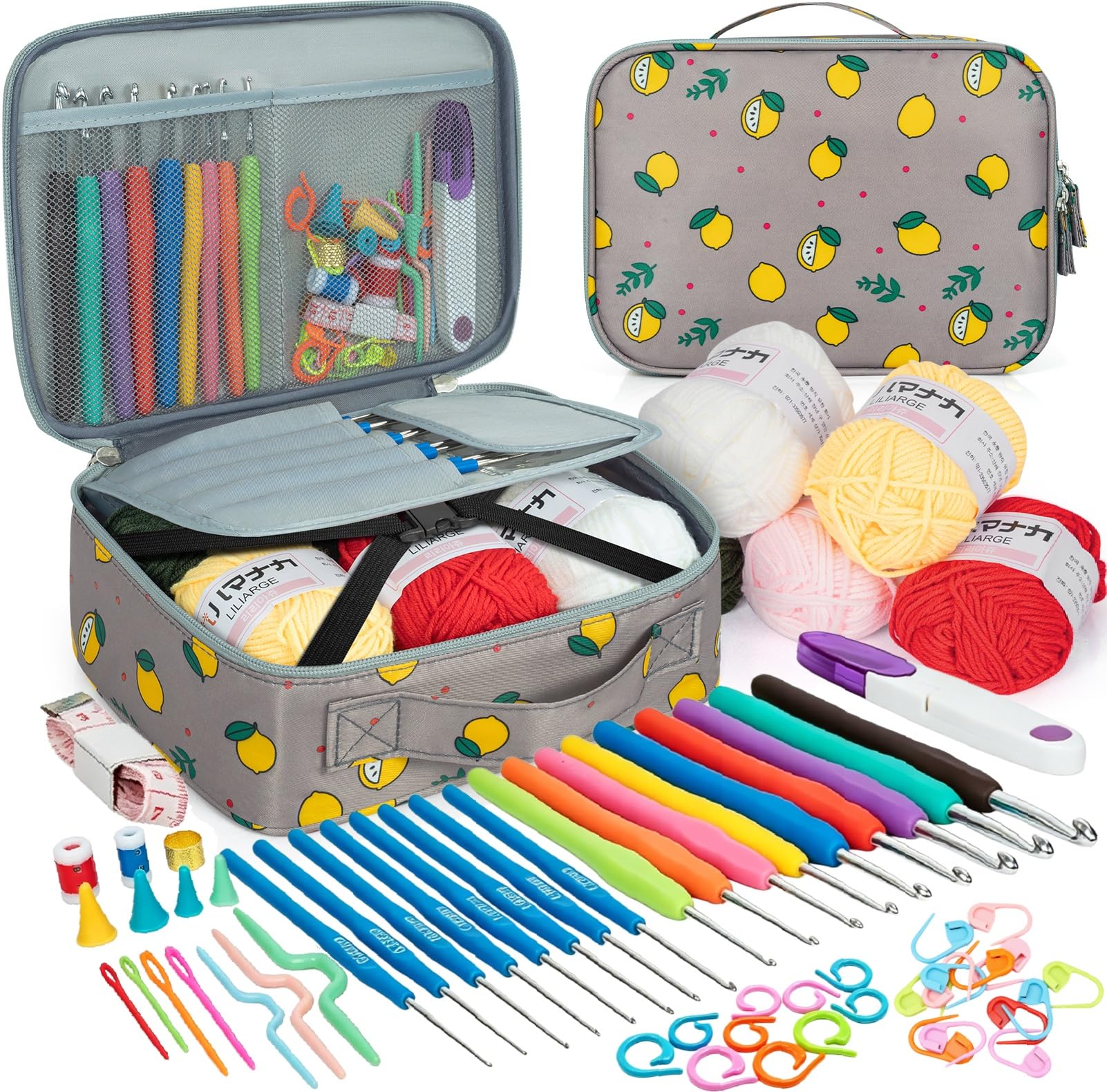 GMAK Kit de ganchillo para principiantes, adultos y niños, 59 piezas de ganchillo que incluyen hilo, ganchos de ganchillo y herramientas, kit de inicio de ganchillo portátil para hacer proyectos