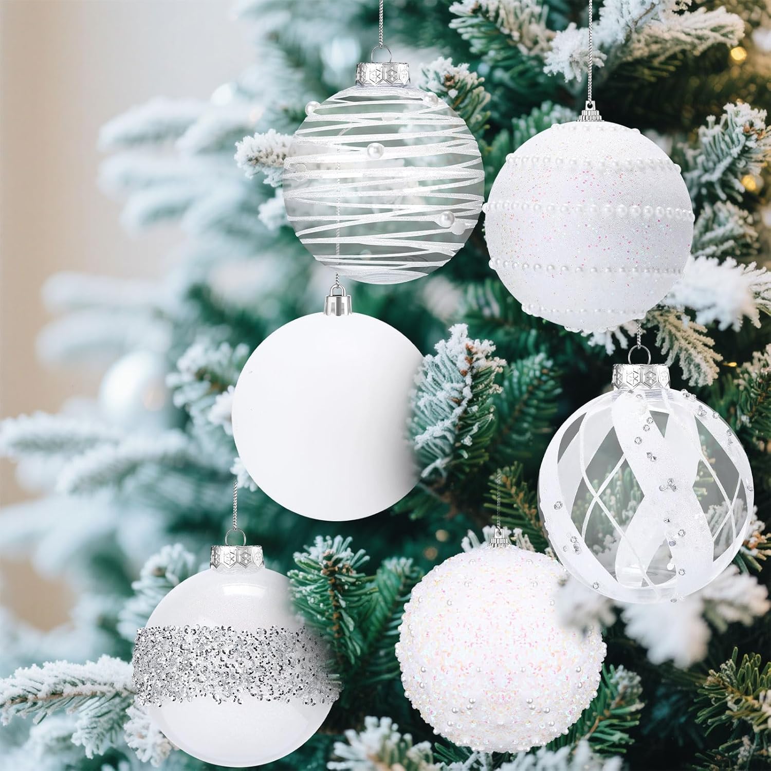 Lyrow 12 Pcs 4 inch Christmas Balls Ornaments Glitter Shatterproof Christmas Decorations Tree Balls Sparkly Holiday Ornaments Bulk for Xmas Trees(White, Silver)