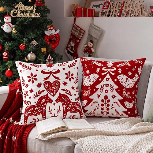 Irenare 2 Pcs Christmas Pillow Covers 18x18, Scandinavian Red Dala