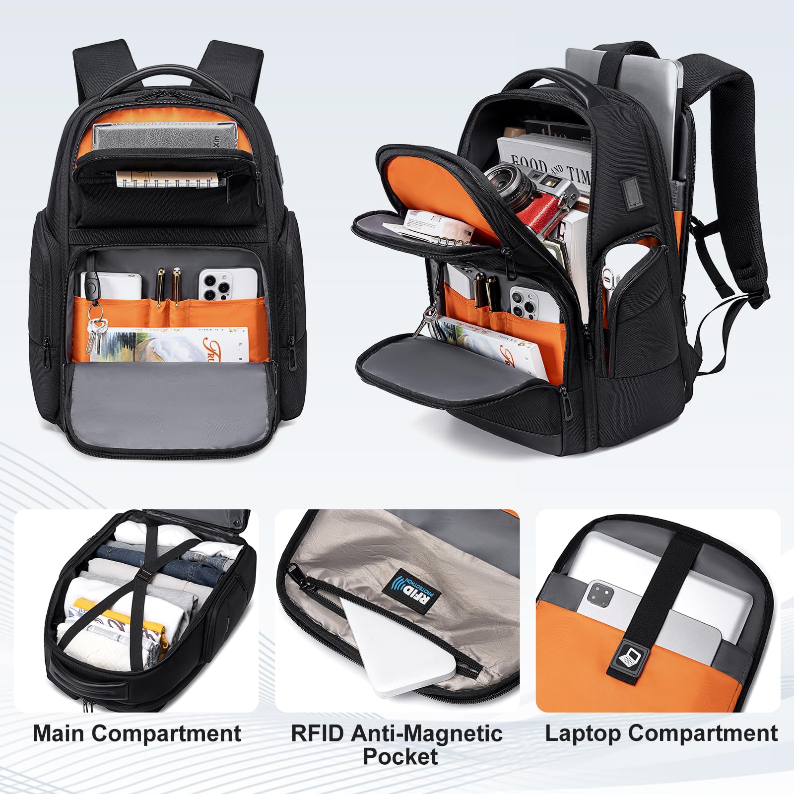 Mochila de viaje de negocios para hombres, mochila para laptop de gran capacidad con puerto de carga USB, bolsa negra expandible multifuncional resistente al agua para computadora de 15.6 5