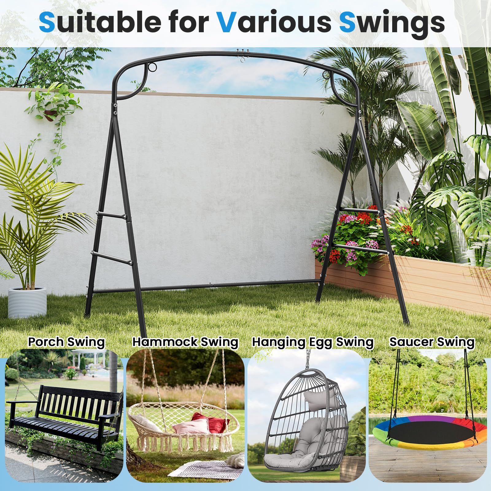 Tangkula Struttura a dondolo in metallo, supporto per dondolo con barre laterali extra, design a 3 anelli, telaio ad A resistente, telaio ad A, per esterni, prato, giardino, cortile