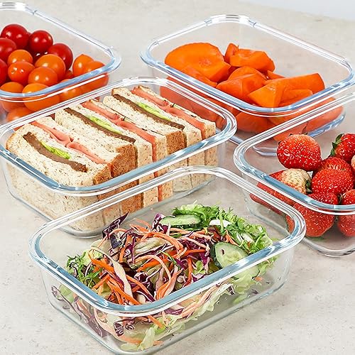 Miniatura 2 de KOMUEE Paquete de 5 recipientes de vidrio para preparación de comidas de 30 onzas, recipientes de almacenamiento de vidrio con tapas, aptos para