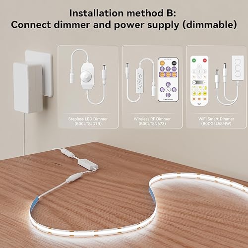 Miniatura 8 de MIWISE Tira LED COB de 32.8 pies32.8 ft, CRI 90+ luz blanca diurna 6000 K de alto lúmenes súper brillante flexible DC24V cinta de luz LED, para