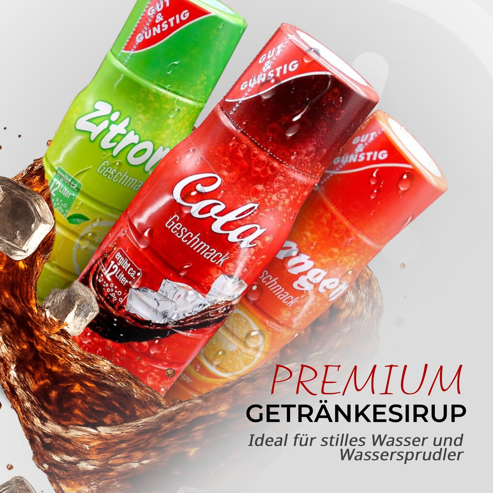 Gut & Günstig Getränke-Sirup Klassiker | Klassiker-Set | Cola, Orange & Zitrone | 24x500ml | Getränkesirup für Wassersprudler & Leitungswasser | Büro & Zuhause