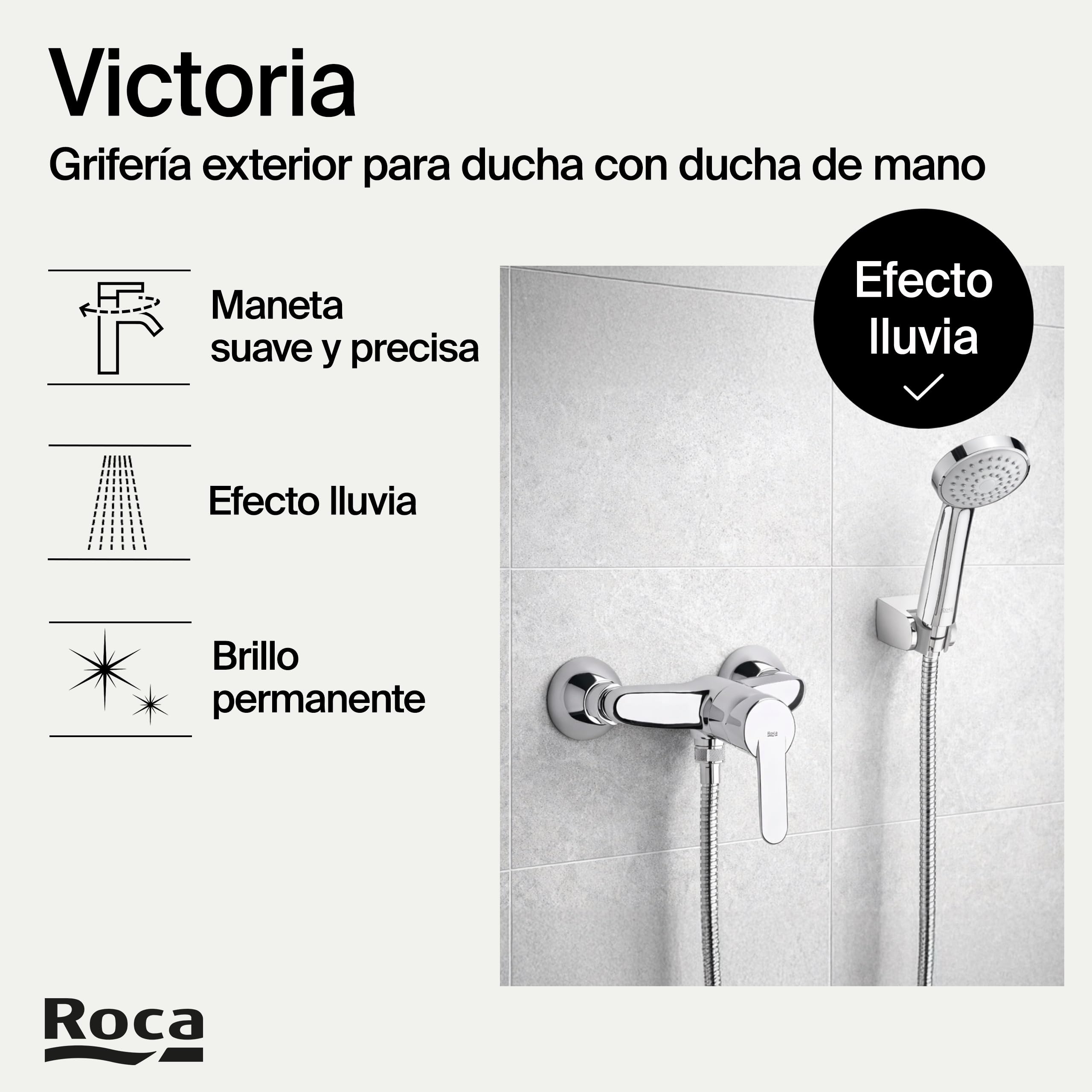 Roca Victoria Grifería monomando exterior para ducha con ducha de mano flexible 1,50 m soporte articulado