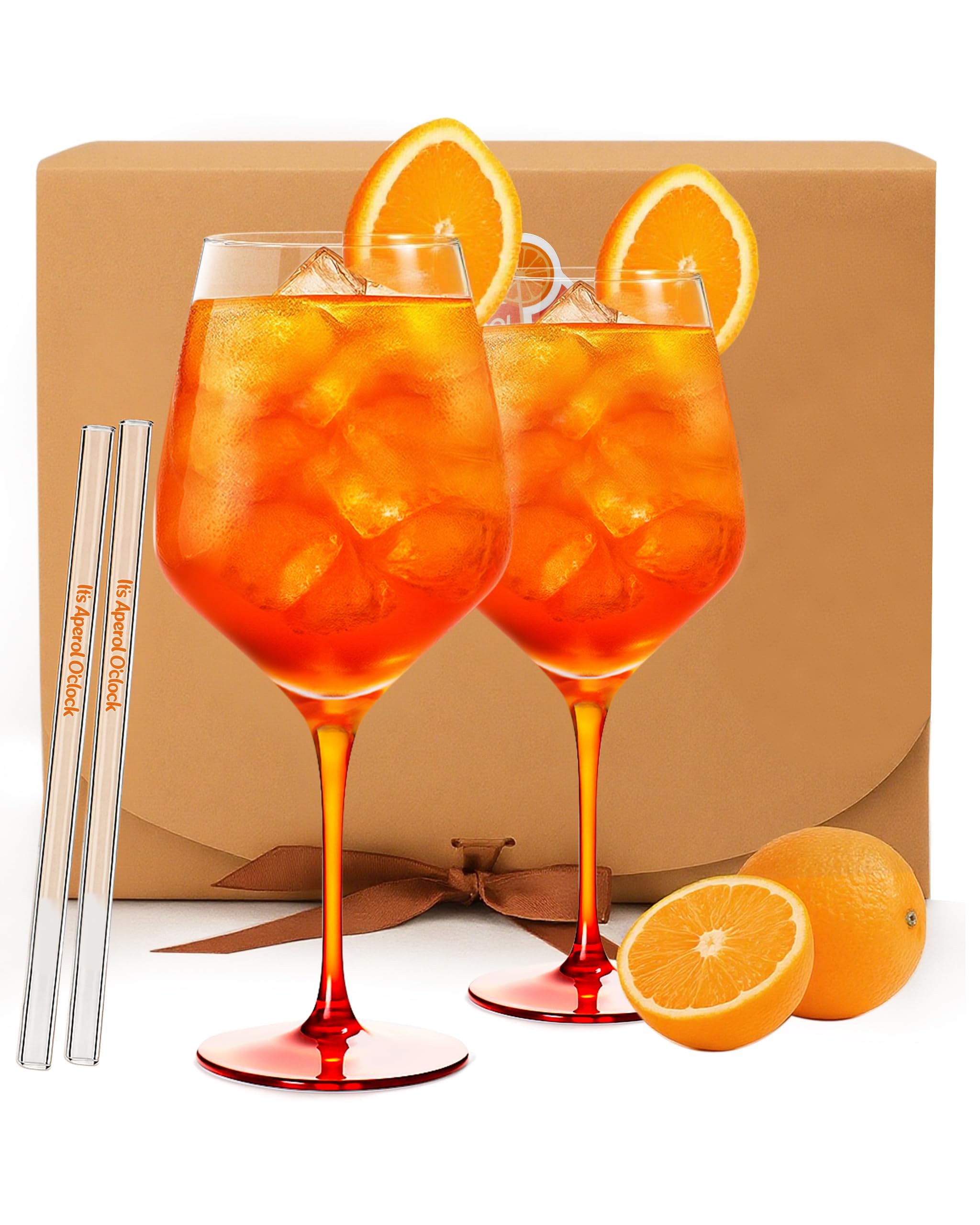 Aperol Gläser Set Personalisiert - 2 Gläser mit Orangefarben Fuß, 2 Glasstrohhalme It's Aperol O'Clock & 2 Deko Untersetzer - Aperol Spritz Geschenkset | Party Deko & Cocktail Zubehör Geschenkfertig
