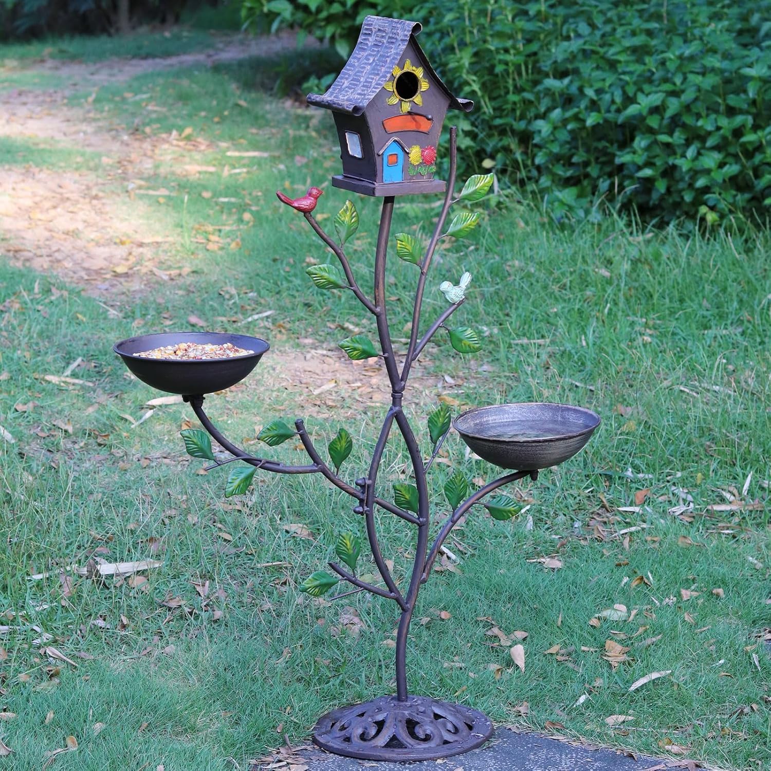 Metal Bird Houses for Outside, Bird Feeder and Bird Bath,3-in-1,Freestanding with Cast Iron Base, Outdoor Garden & Courtyard Decoration