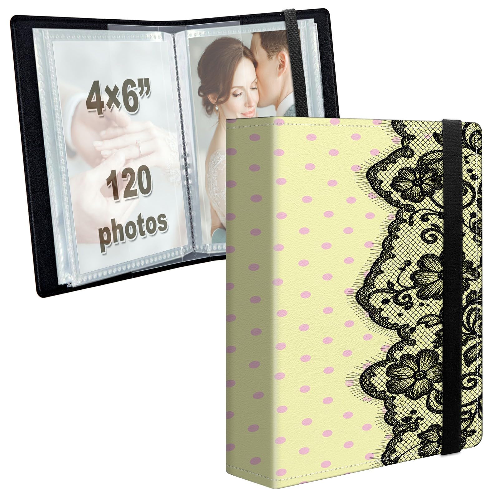 Photo Album 4x6 120 Photos with Strong Elastic Band, Lemon Lace Dots