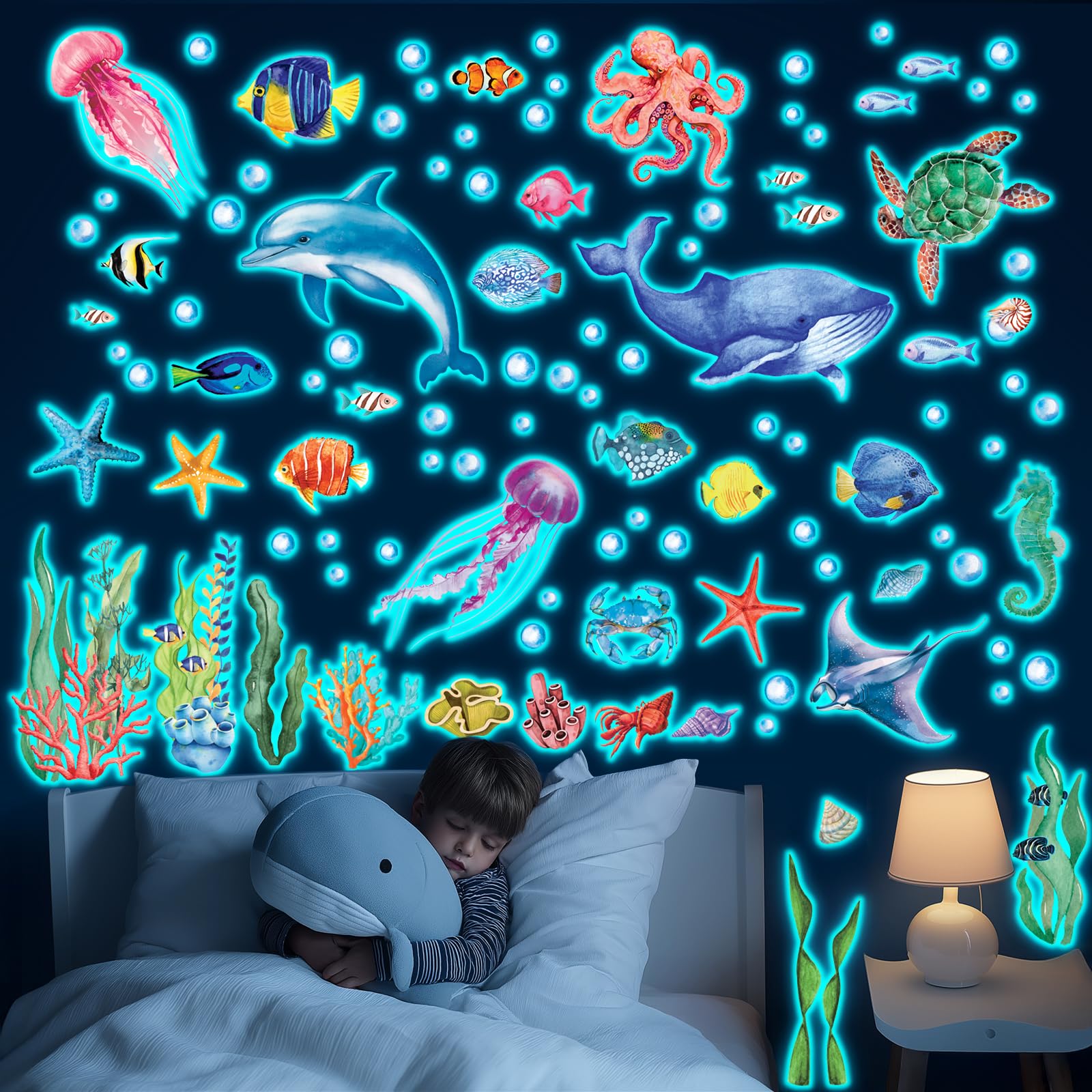 DECOWALL Glow-in-the-Dark Underwater Sea Animals Wall Stickers – Dolphins, Whales, Jellyfish, and Coral Reef Design for Kids Bedroom, Nursery, and Playroom Décor (GDS4-8097)