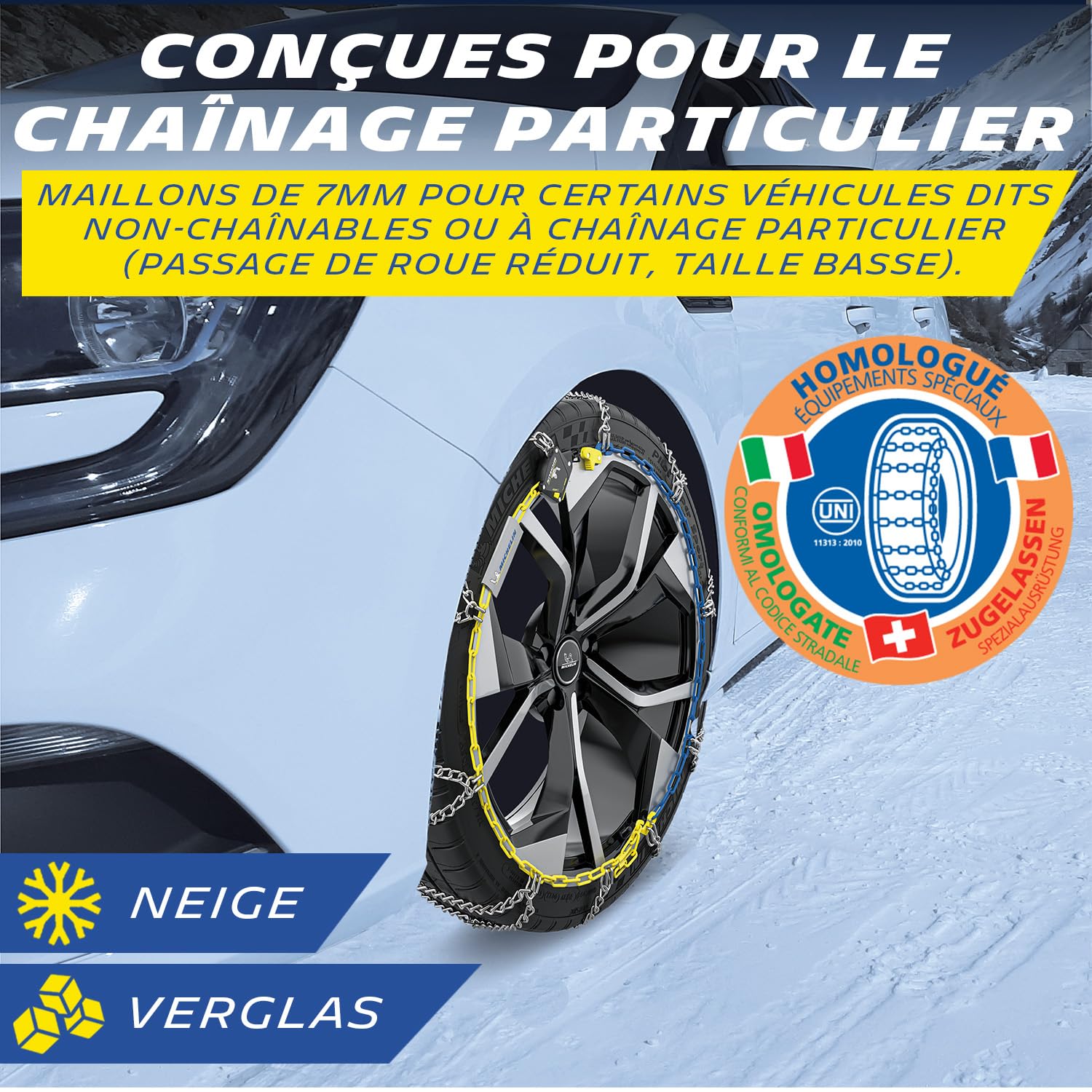 MICHELIN EXTREM GRIP, Chaînes à neige métalliques 7 mm, Tension Automatique, N°130 - Compatibles Véhicules Electriques, Passage de Roues Réduit – Montage Rapide - Adhérence Optimale Neige et Verglas