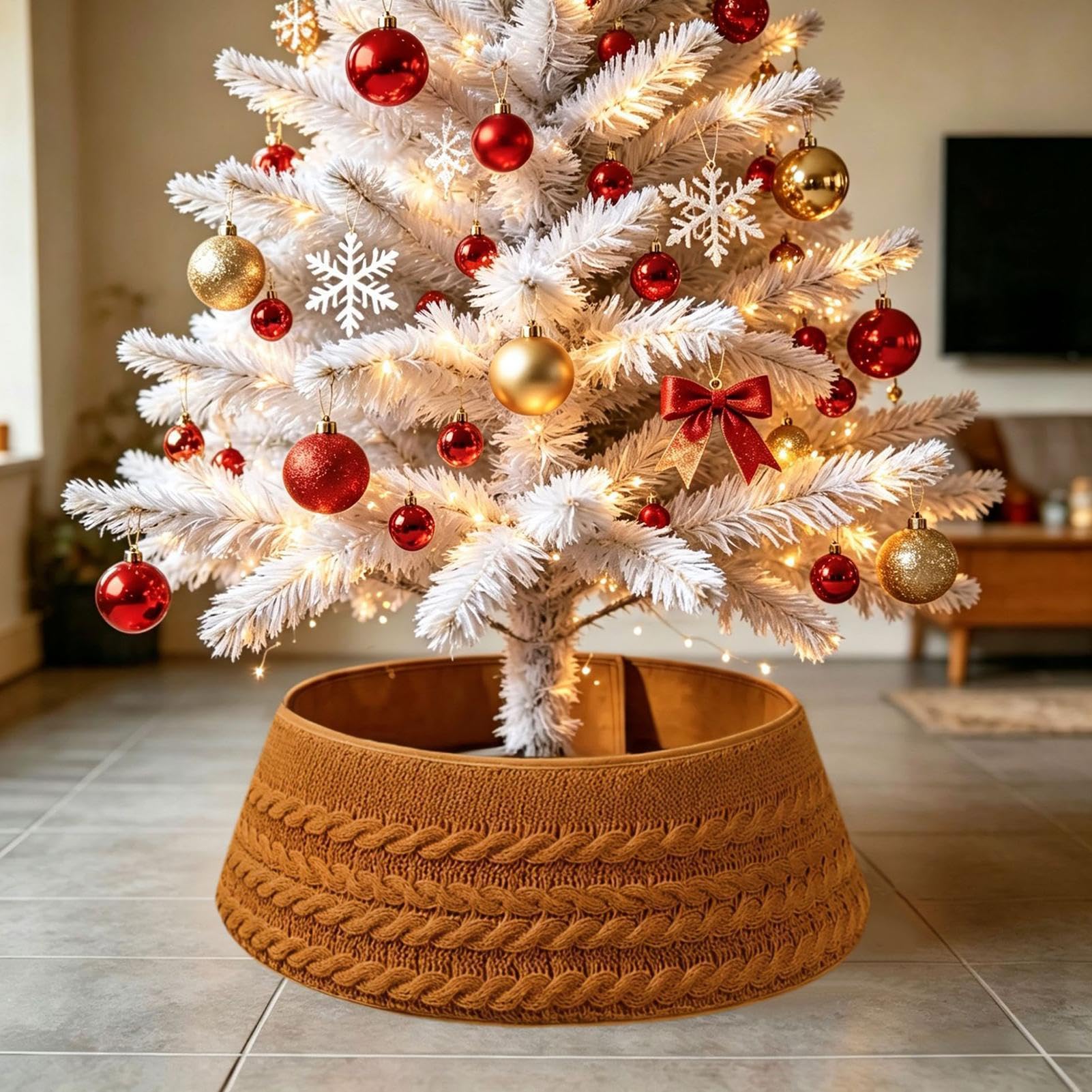 Gonna per albero di Natale, rotonda, lavorata a maglia, morbida, invernale