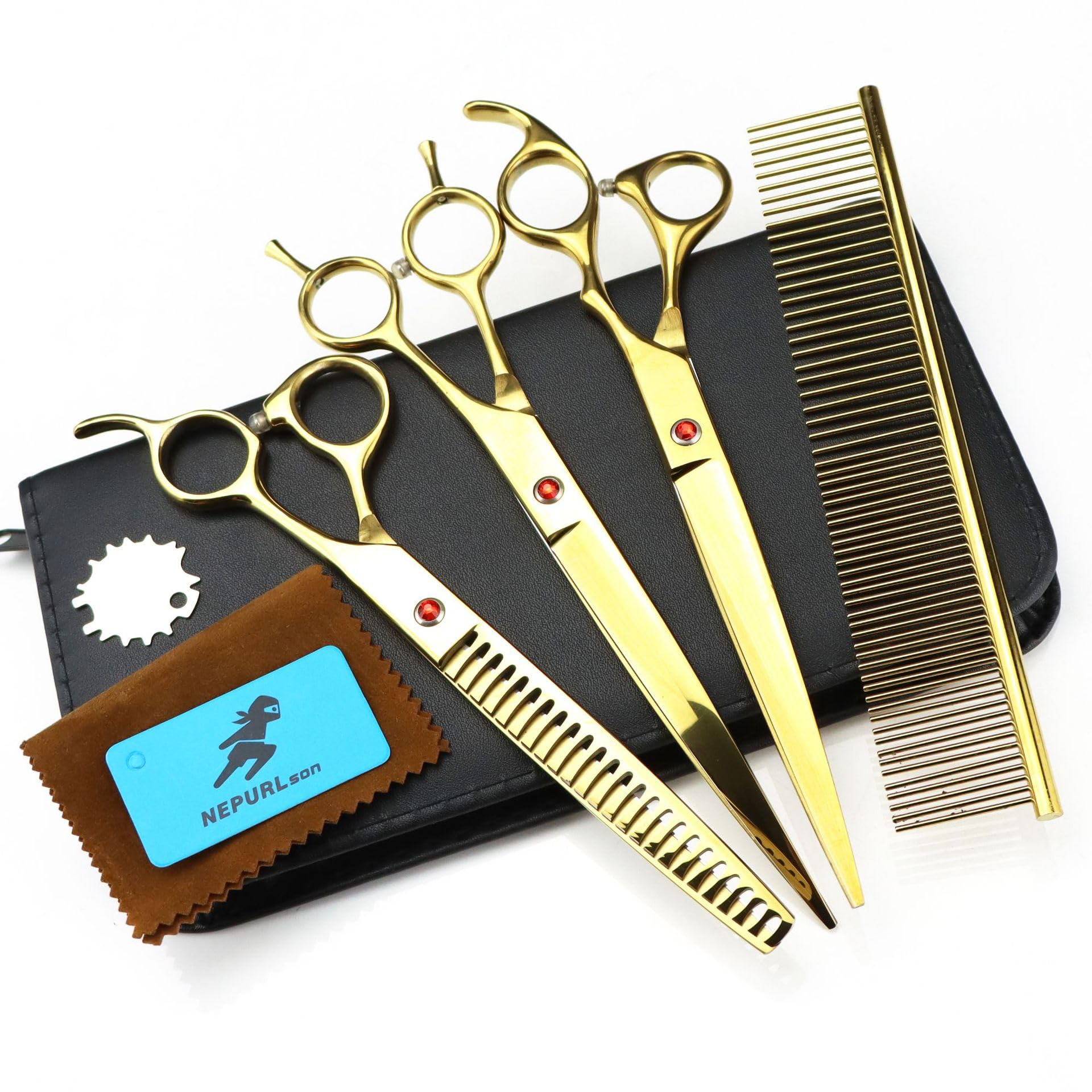 Gold Dog Grooming Scissors Set, 3-Piece 440C Steel Kit with 8.0" Straight and Curved Shears, 7.5" Thinner, and Comb for Professional Pet Styling, Finishing, and Texturizing,Wide