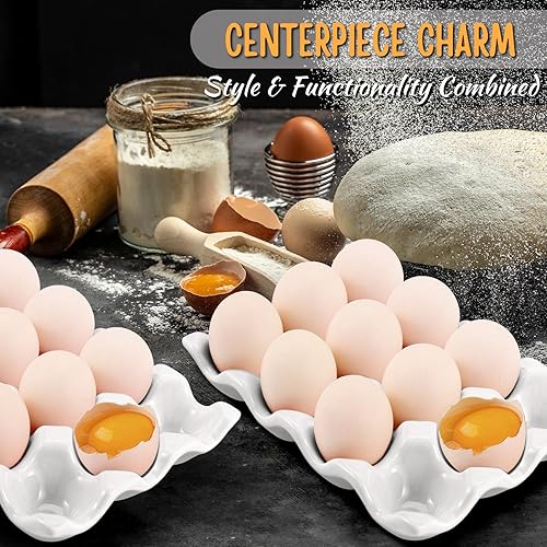 Miniatura 6 de Flexzion Bandeja de cerámica para huevos de 12 tazas, docena entera de porcelana para huevos, organizador de almacenamiento, soporte decorativo para