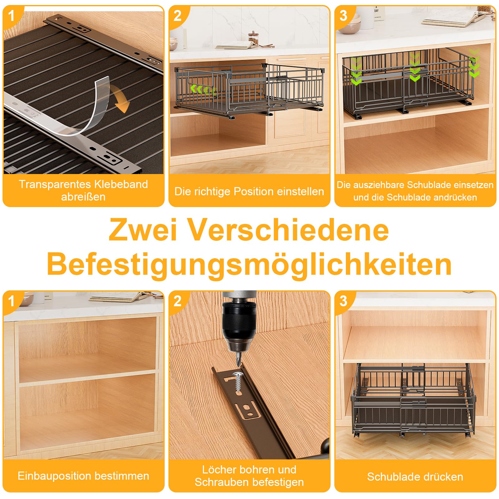 2 Stück Teleskopschublade Ausziehbare Schublade Küche Schubladen Küchenschrank Organizer Küche mit Klebestreifen Ausziehbar Schrank Organizer Kein Bohren Expandierbare Breite 33-50*38*17cm