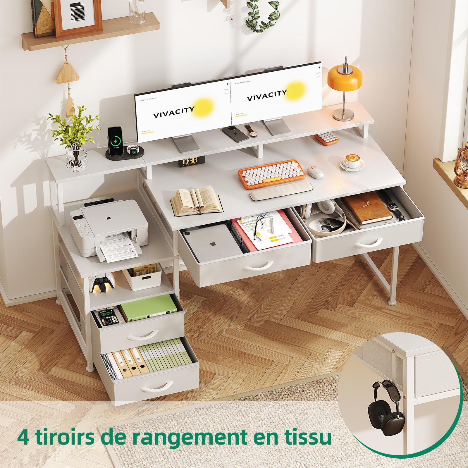 CAIYUN Bureau Gaming LED, Bureau Gamer avec Rangement, Bureau Gamer avec 4 Tiroirs & Prise Intégrée, Réversible Table Ordinateur avec Tablettes de Rangement & Support Moniteur (Blanc)