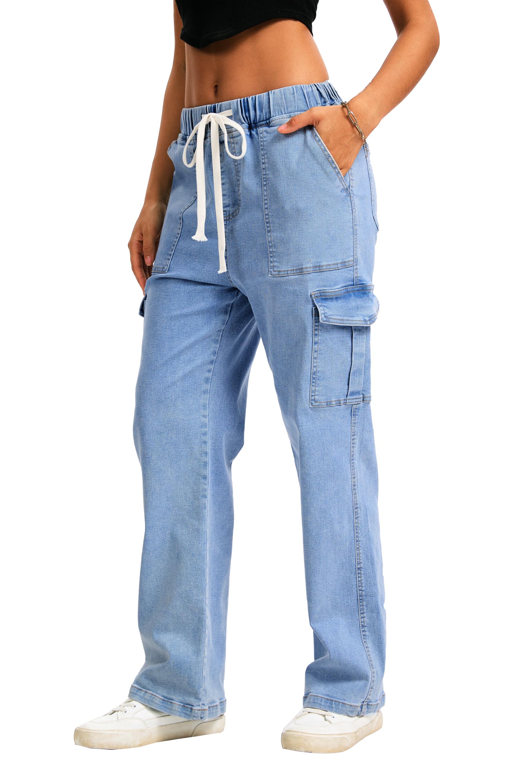 HVEPUO Womens High Waisted Cargo Pants Y2K Baggy Straight Leg Stretchy Jeans for Women Streetwear Trousers Pants 6 Pockets