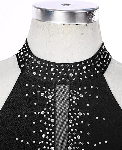 Miniatura 5 de FEESHOW Women Shiny Rhinestone Lyrical Dance Dress Backless Leotard Dresses Figure Skating Dance Costume