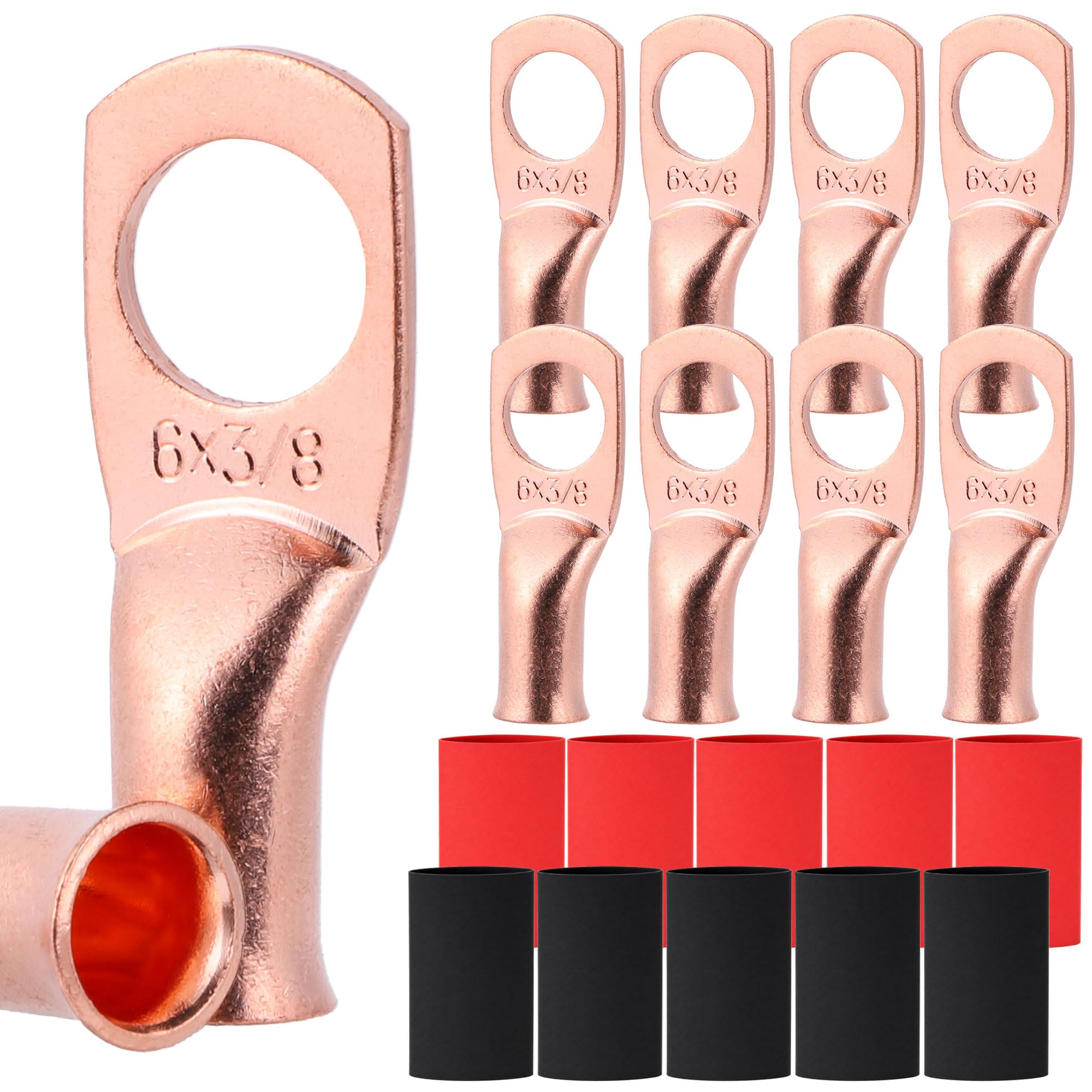 TKDMR 10 PCS 6 AWG - 3/8 Battery Cable Lugs Copper Wire Ring Terminals | UL,4:1 Heat Shrink Cable Ends,Wiring Connector Terminal End,Electrical Crimp Connectors 6 Awg - 3/8" (M10) Ring 10