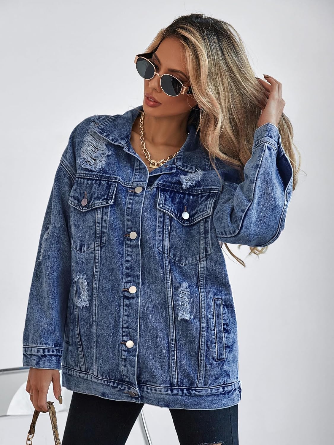 Oversize Denim Jacket for Women Ripped Jean Jacket Boyfriend Long Sleeve Trucker Coat - Image 5