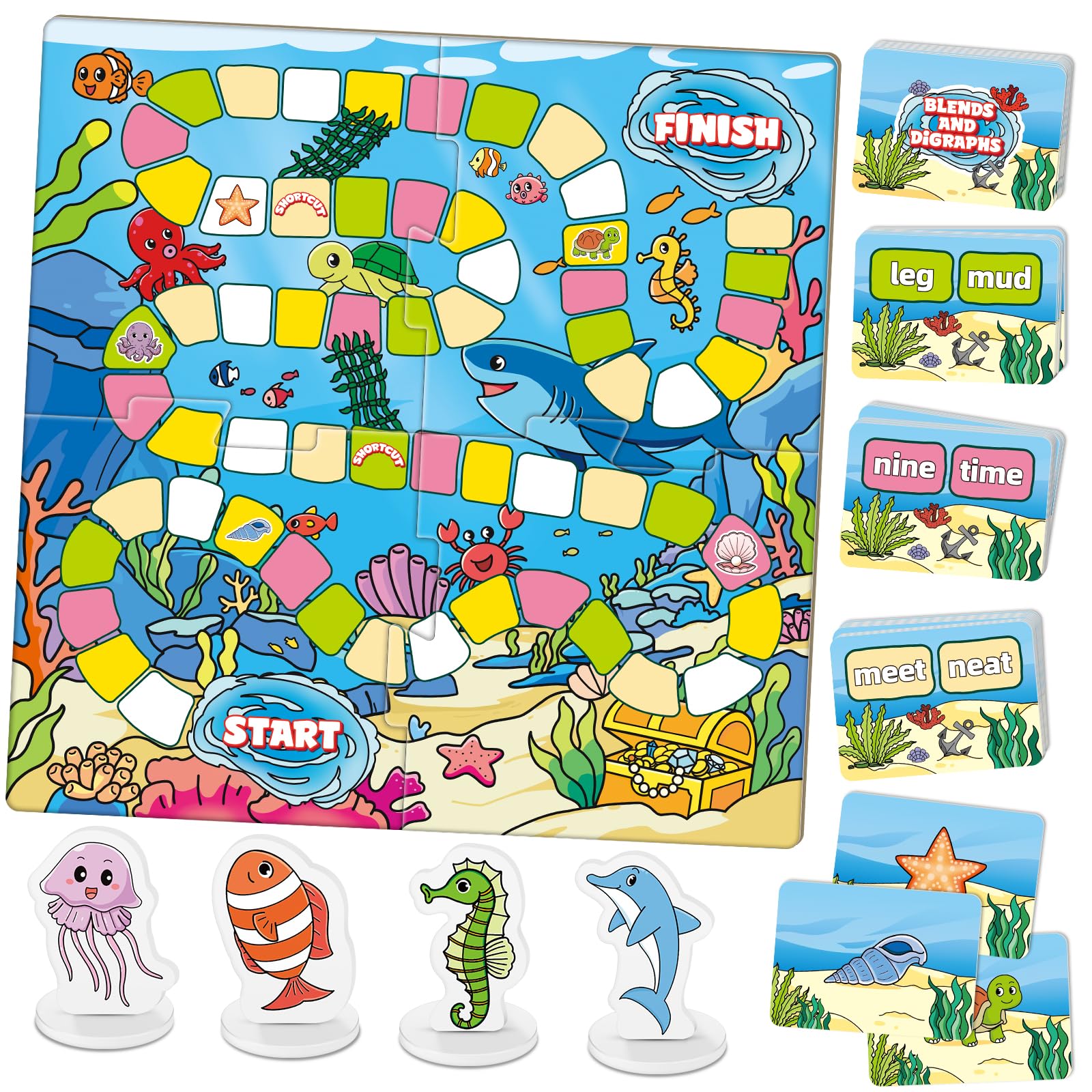 Word Ocean Phonics Board Game for Kids, Educational Learning Board Game for Boys and Girls, Reading and Spelling Game Ages 4-6, Classroom Travel Indoor Outdoor Family Game