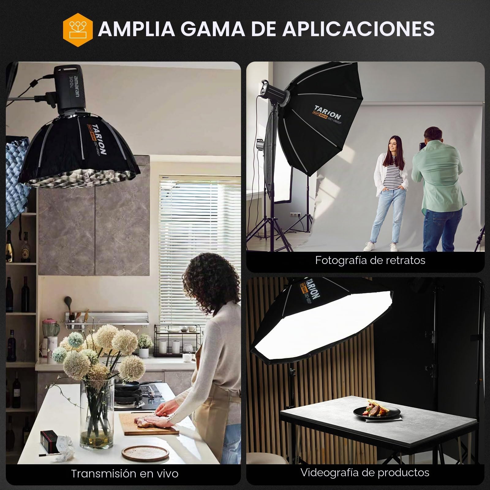 TARION Softbox Montaje Rápido Octagonal - Softbox Bowens 90cm Plegable con Rejilla Doble difusión para fotografía Estudio vídeo OC-90F SOFTBEAM